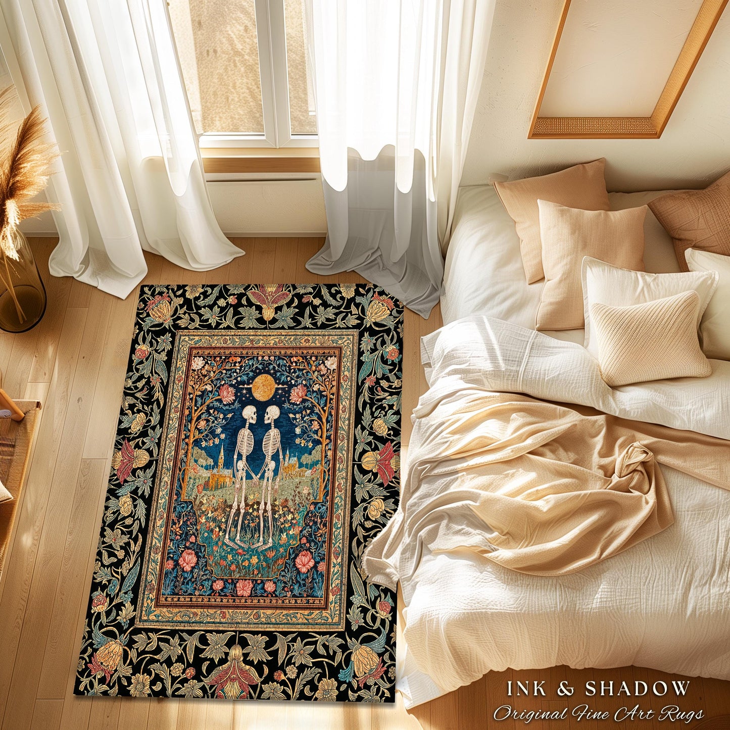 Cute Romantic Skeleton Gothic Rug | Autumnal Florals Dark Academia Fairytale Castle Dark Magic Accent Baroque Cottagecore Lovers Whimsical