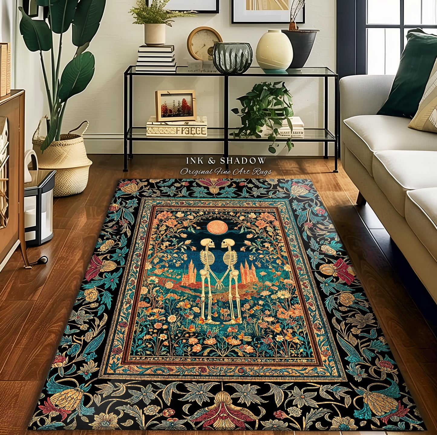 Folk Art Skeleton Lovers Floral Rug | Cottagecore Witchy Aesthetic Moon Fairytale Wildflower Romantic Gothic Castle Fantasy Bedroom Accent |