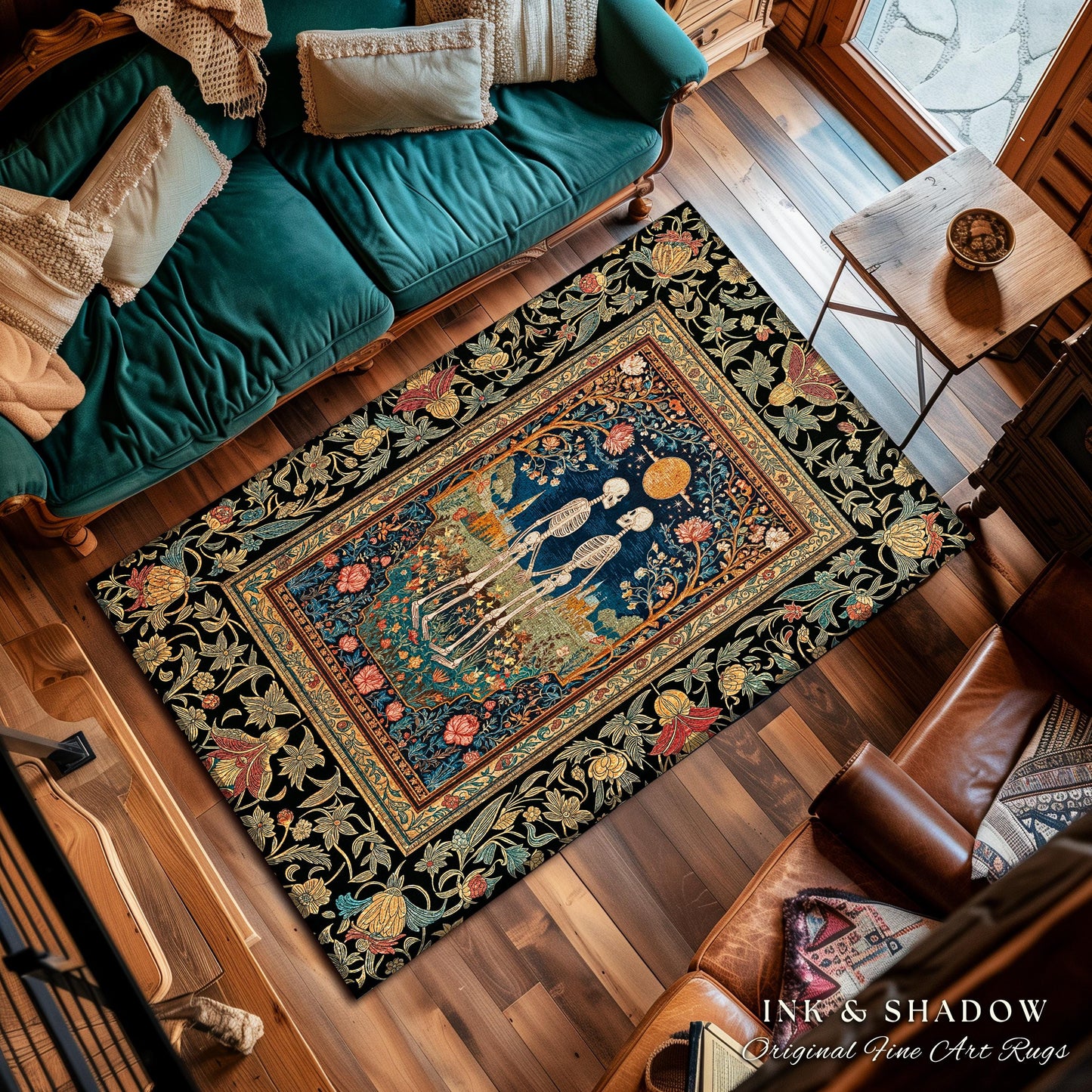 Cute Romantic Skeleton Gothic Rug | Autumnal Florals Dark Academia Fairytale Castle Dark Magic Accent Baroque Cottagecore Lovers Whimsical