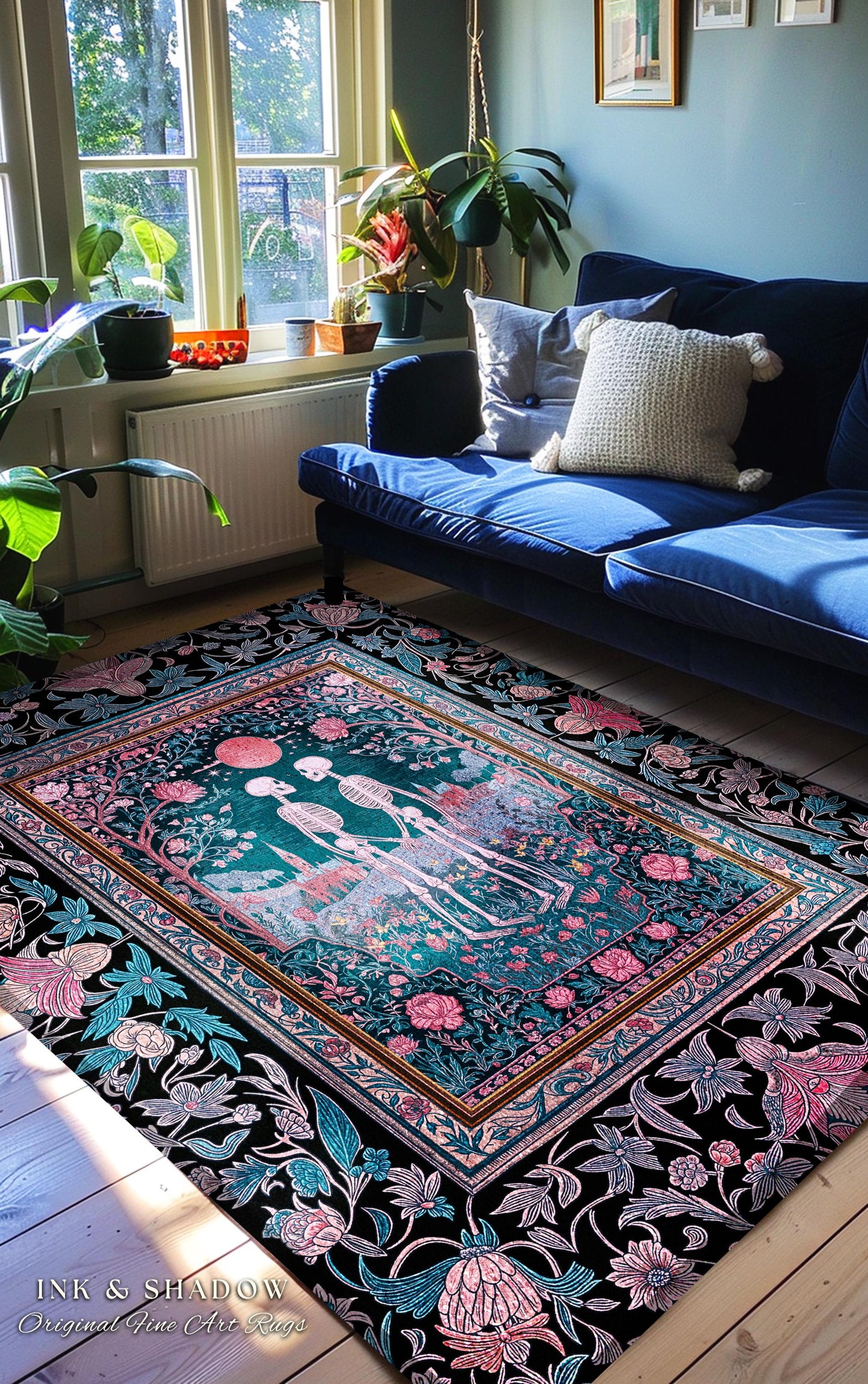 Rosy Royal Haunted Garden Lovers Rug | Whimsigothic Romance Spooky Season Floral Fantasy Dark Academia Baroque Witchy Cottagecore Aesthetic