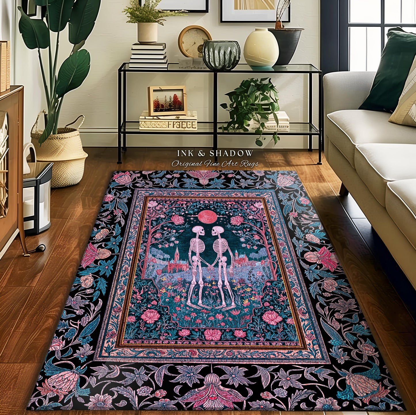 Rosy Royal Haunted Garden Lovers Rug | Whimsigothic Romance Spooky Season Floral Fantasy Dark Academia Baroque Witchy Cottagecore Aesthetic