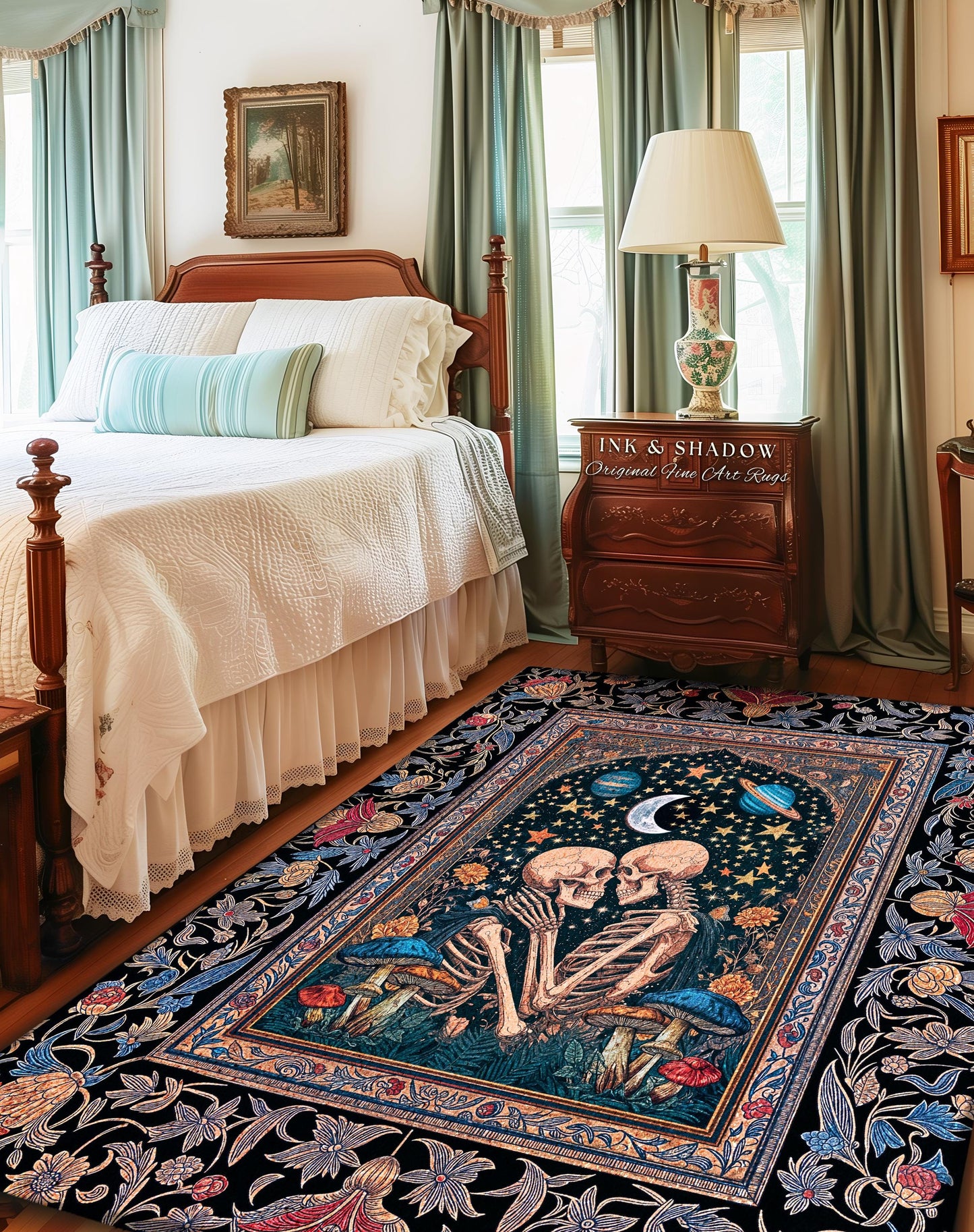 Gothic Skeleton Lovers Dreamy Rug | Celestial Moonlight Night Sky Baroque Fairytale Magic Whimsical Mystic Witch Gothic Bedroom Accent Decor
