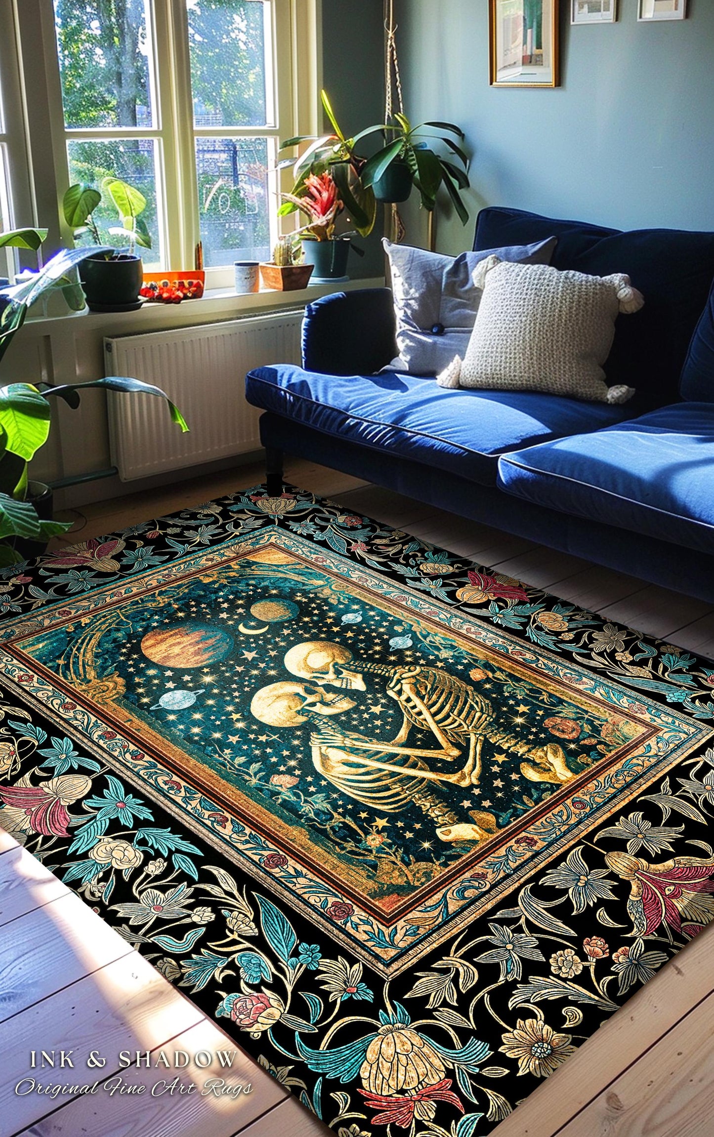 Enchanted Moonlit Skeleton Area Rug | Whimsical Baroque Macabre Couple Accent Rug Celestial Gothic Romance Whimsical Bedroom Enchantment |