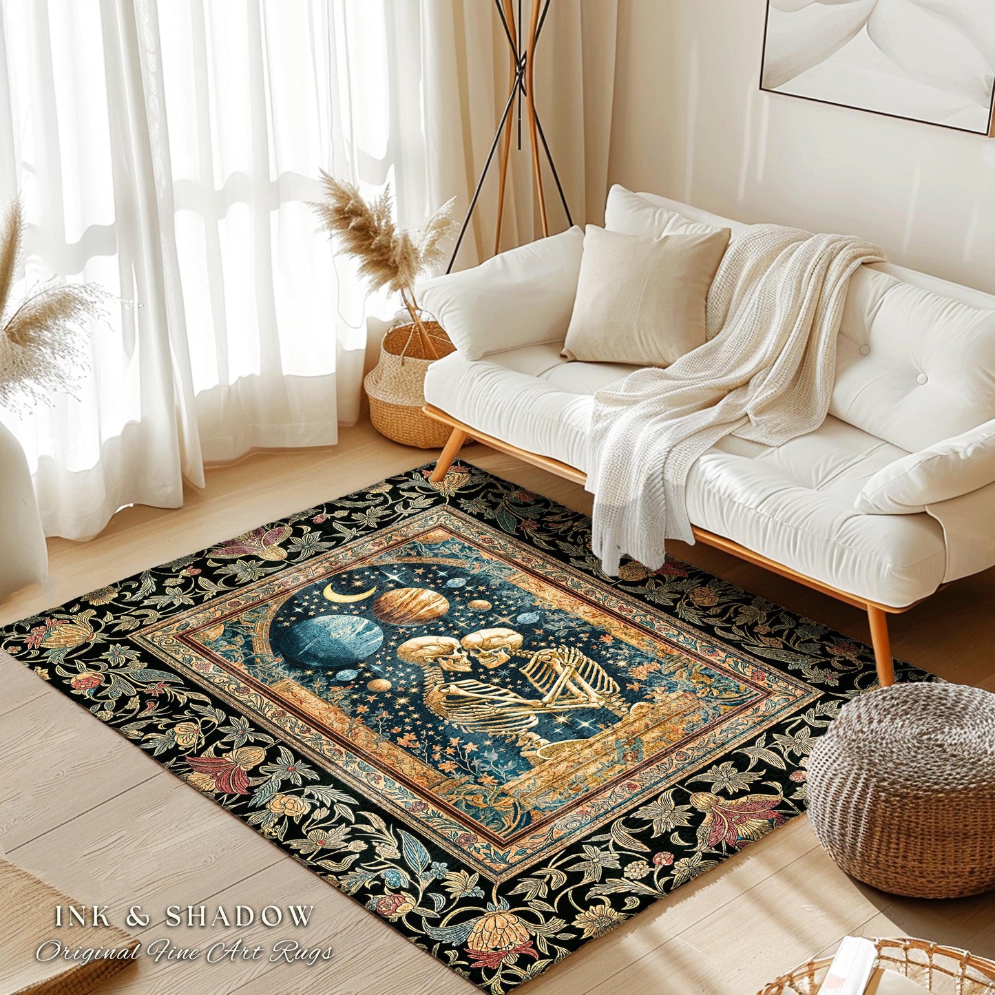 Skeleton Embrace Cosmic Accent Rug | Celestial Fantasy Bedroom Decor Baroque-Inspired Gothic Mystic Enchanted Macabre Couple Romance Cosmic