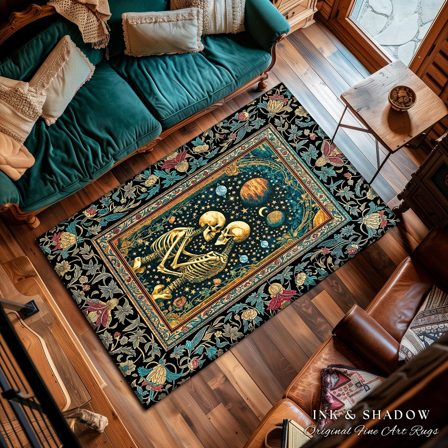 Enchanted Moonlit Skeleton Area Rug | Whimsical Baroque Macabre Couple Accent Rug Celestial Gothic Romance Whimsical Bedroom Enchantment |