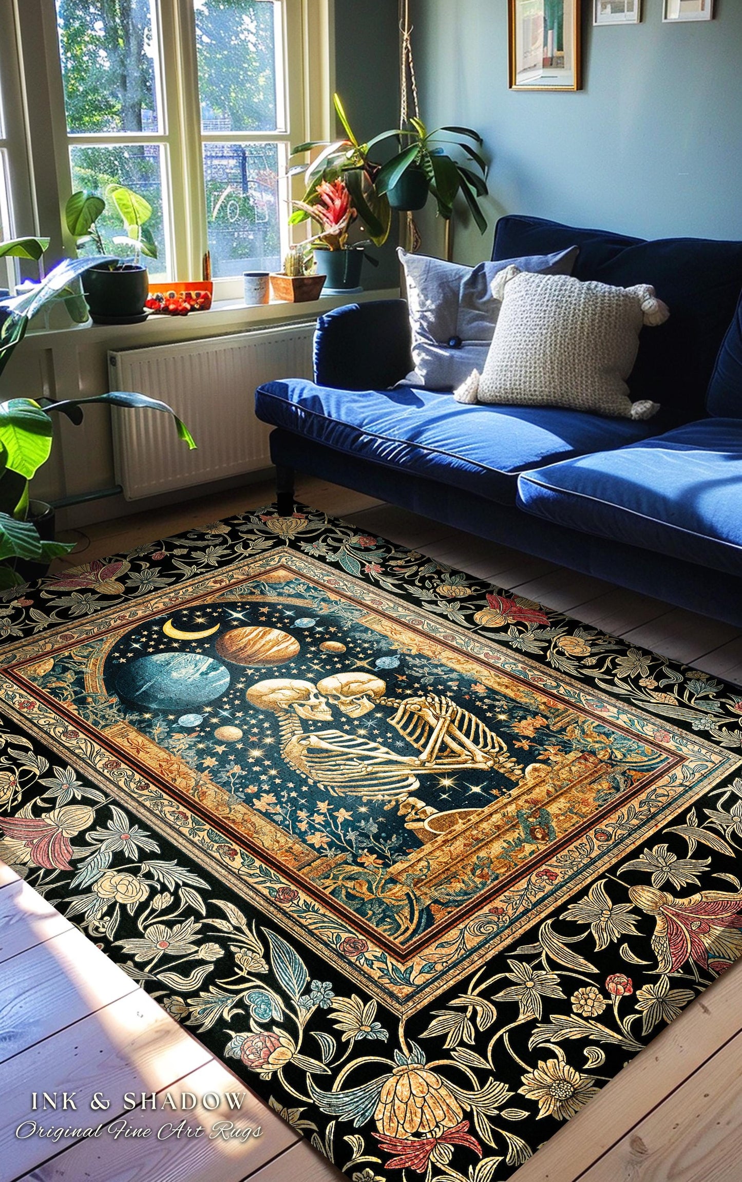 Skeleton Embrace Cosmic Accent Rug | Celestial Fantasy Bedroom Decor Baroque-Inspired Gothic Mystic Enchanted Macabre Couple Romance Cosmic