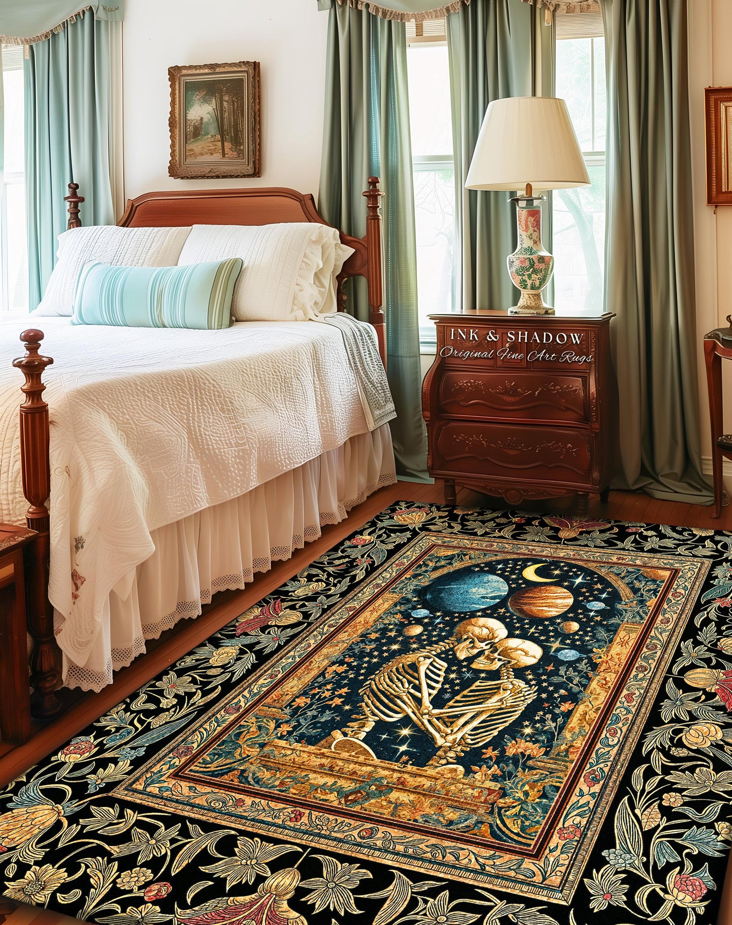 Skeleton Embrace Cosmic Accent Rug | Celestial Fantasy Bedroom Decor Baroque-Inspired Gothic Mystic Enchanted Macabre Couple Romance Cosmic