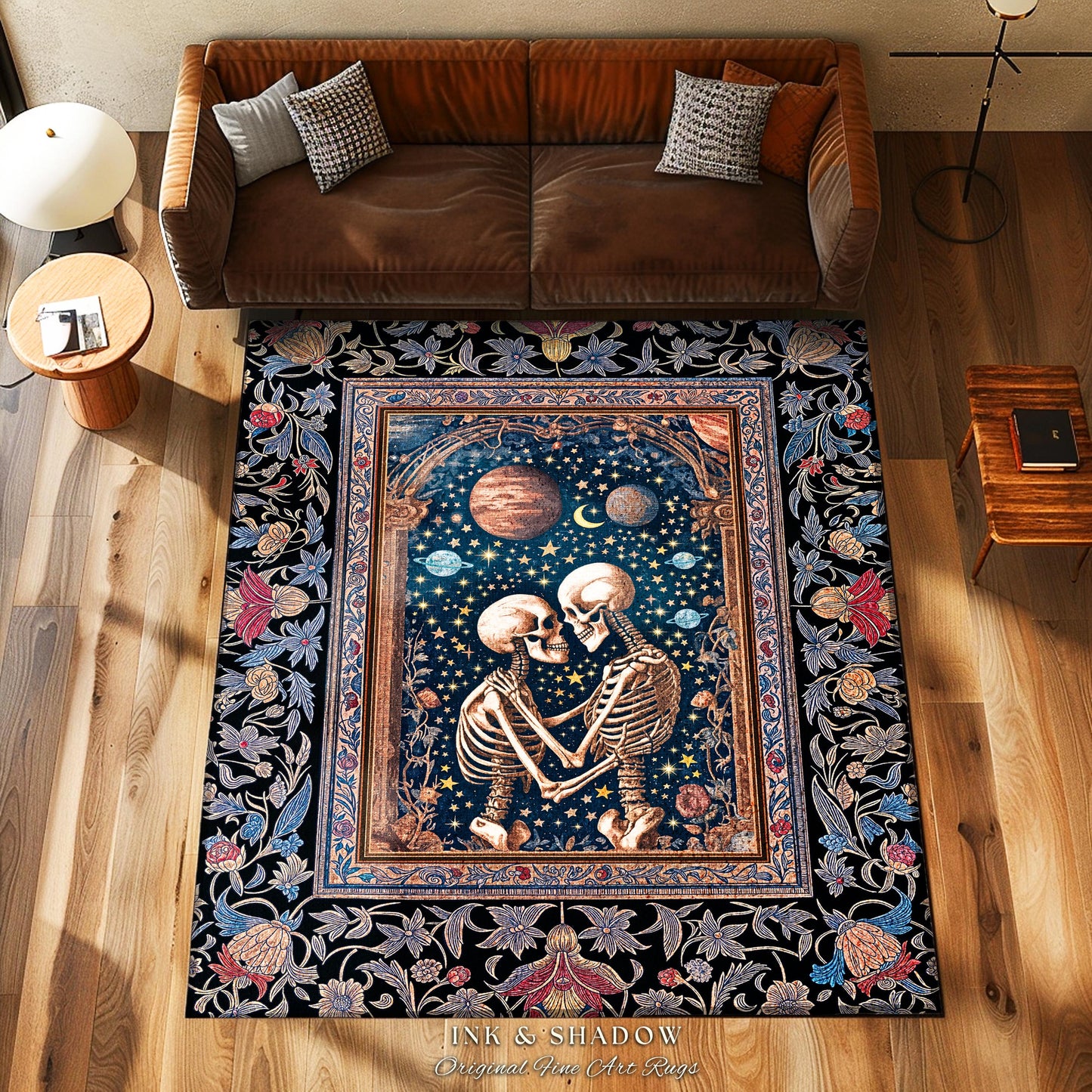 Moody Starlit Skeleton Lovers Area Rug | Starry Celestial Macabre Gothic Fantasy Romantic Sky Bedroom Accent Mystic Twilight Tarot Aesthetic