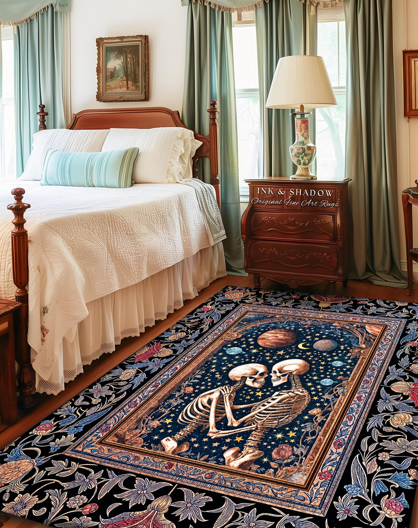 Moody Starlit Skeleton Lovers Area Rug | Starry Celestial Macabre Gothic Fantasy Romantic Sky Bedroom Accent Mystic Twilight Tarot Aesthetic