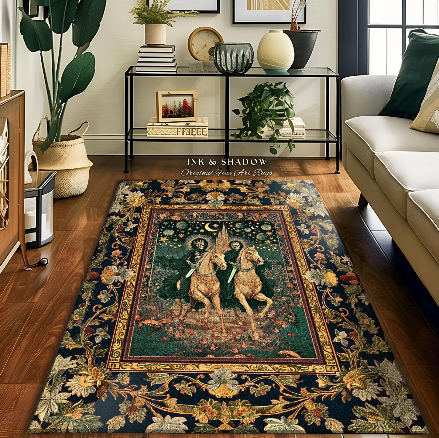 Skeleton Horsemen Mystic Area Rug | Haunted Forest Skeleton Riders Castle Dreamy Haunted Bedroom Accent Fantasy Aesthetic Victorian Gothic |