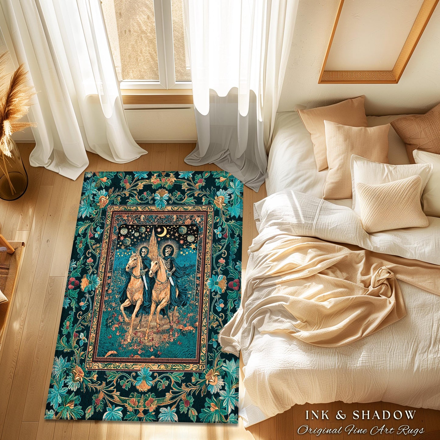 Night Riders Celestial Skeleton Area Rug | Haunted Horsemen Macabre Aesthetic Castle Witchy Tarot Bedroom Accent Ethereal Forest Dreamy Dorm