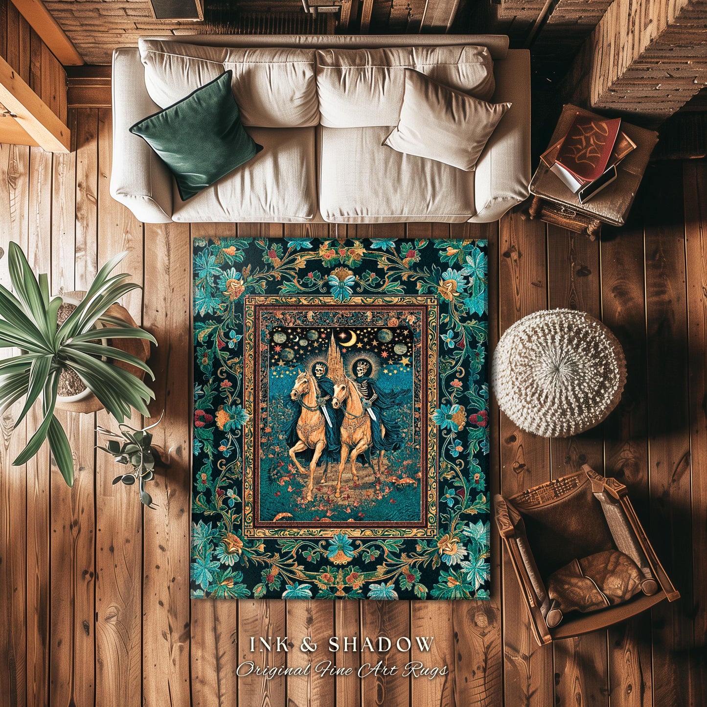 Night Riders Celestial Skeleton Area Rug | Haunted Horsemen Macabre Aesthetic Castle Witchy Tarot Bedroom Accent Ethereal Forest Dreamy Dorm