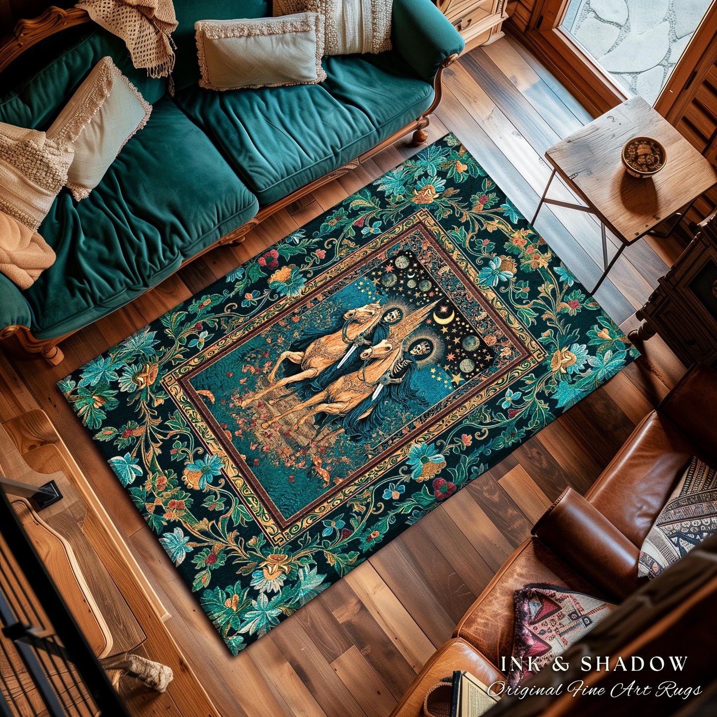 Night Riders Celestial Skeleton Area Rug | Haunted Horsemen Macabre Aesthetic Castle Witchy Tarot Bedroom Accent Ethereal Forest Dreamy Dorm