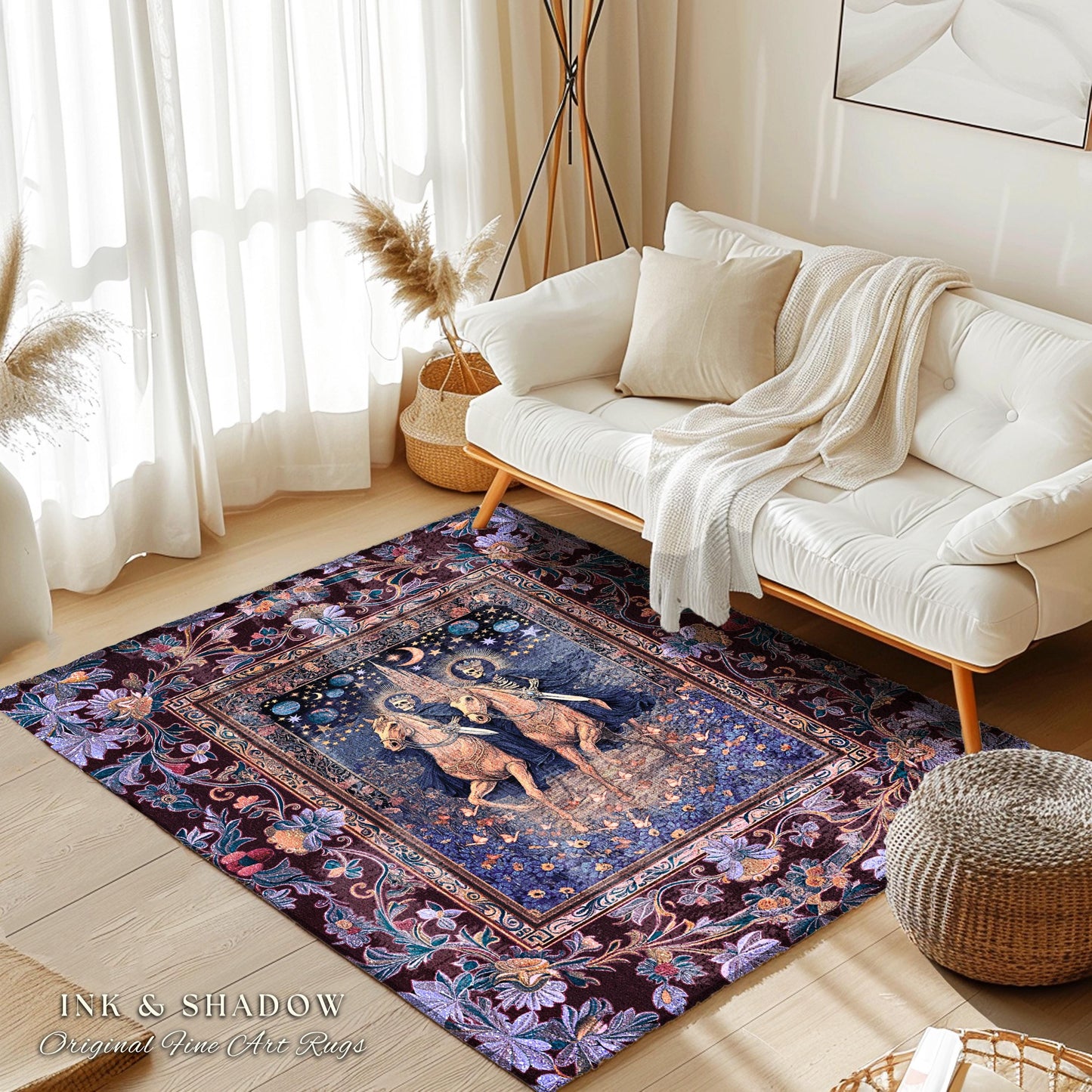 Victorian Gothic Pastel Skeletons Area Rug | Dark Academia Gothic Lavender Purple Castle Fantasy Bedroom Accent Ethereal Horsemen Haunted |