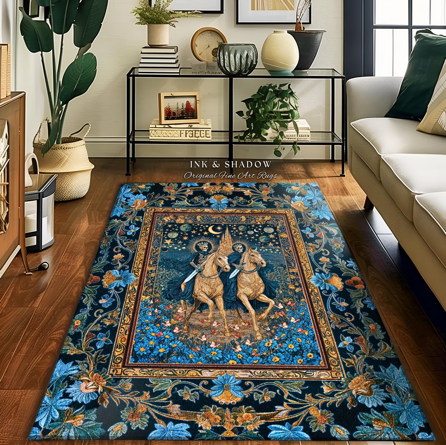 Baroque Ornate Skeleton Horsemen Area Rug | Dark Mystic Castle Whimsigothic Fantasy Bedroom Accent Spooky Couple Haunted Aesthetic Moody |