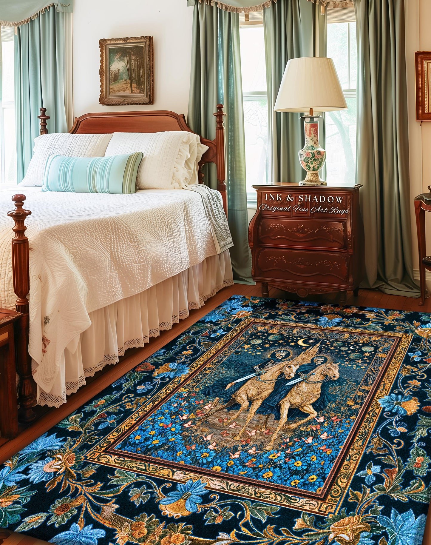 Baroque Ornate Skeleton Horsemen Area Rug | Dark Mystic Castle Whimsigothic Fantasy Bedroom Accent Spooky Couple Haunted Aesthetic Moody |