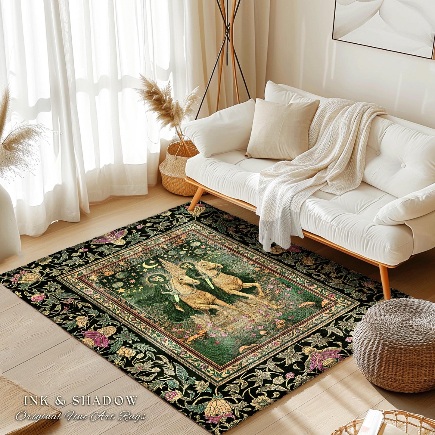 Royal Skeleton Riders Area Rug | Gothic Horsemen Crowned Skeleton Couple Baroque Fantasy Floral Greenery Celestial Whimsical Bedroom Accent