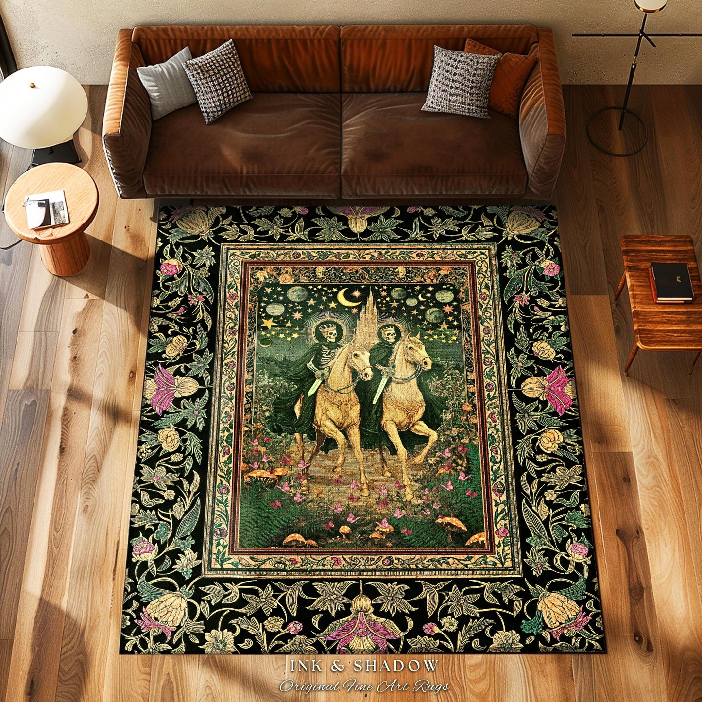 Royal Skeleton Riders Area Rug | Gothic Horsemen Crowned Skeleton Couple Baroque Fantasy Floral Greenery Celestial Whimsical Bedroom Accent