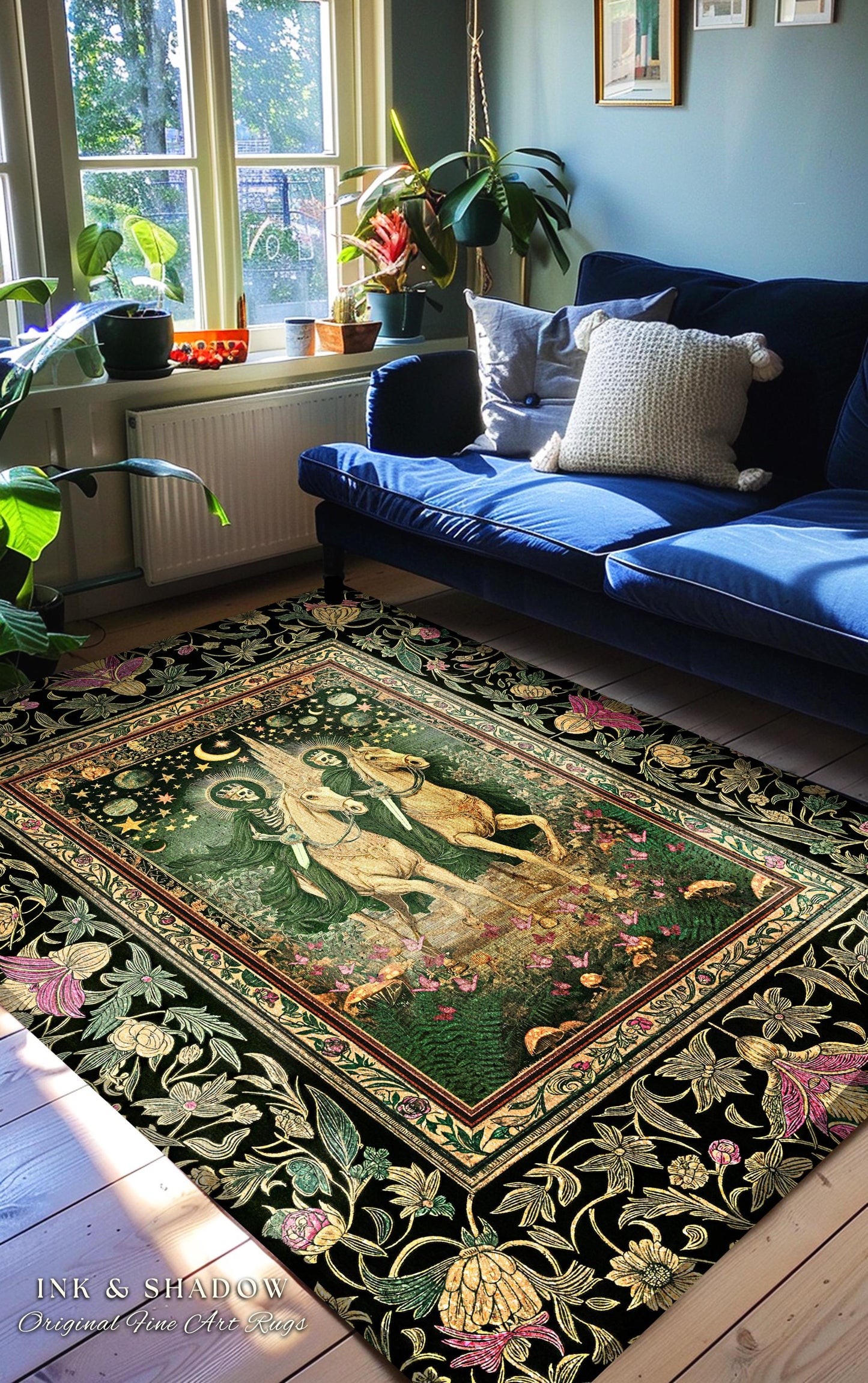 Royal Skeleton Riders Area Rug | Gothic Horsemen Crowned Skeleton Couple Baroque Fantasy Floral Greenery Celestial Whimsical Bedroom Accent