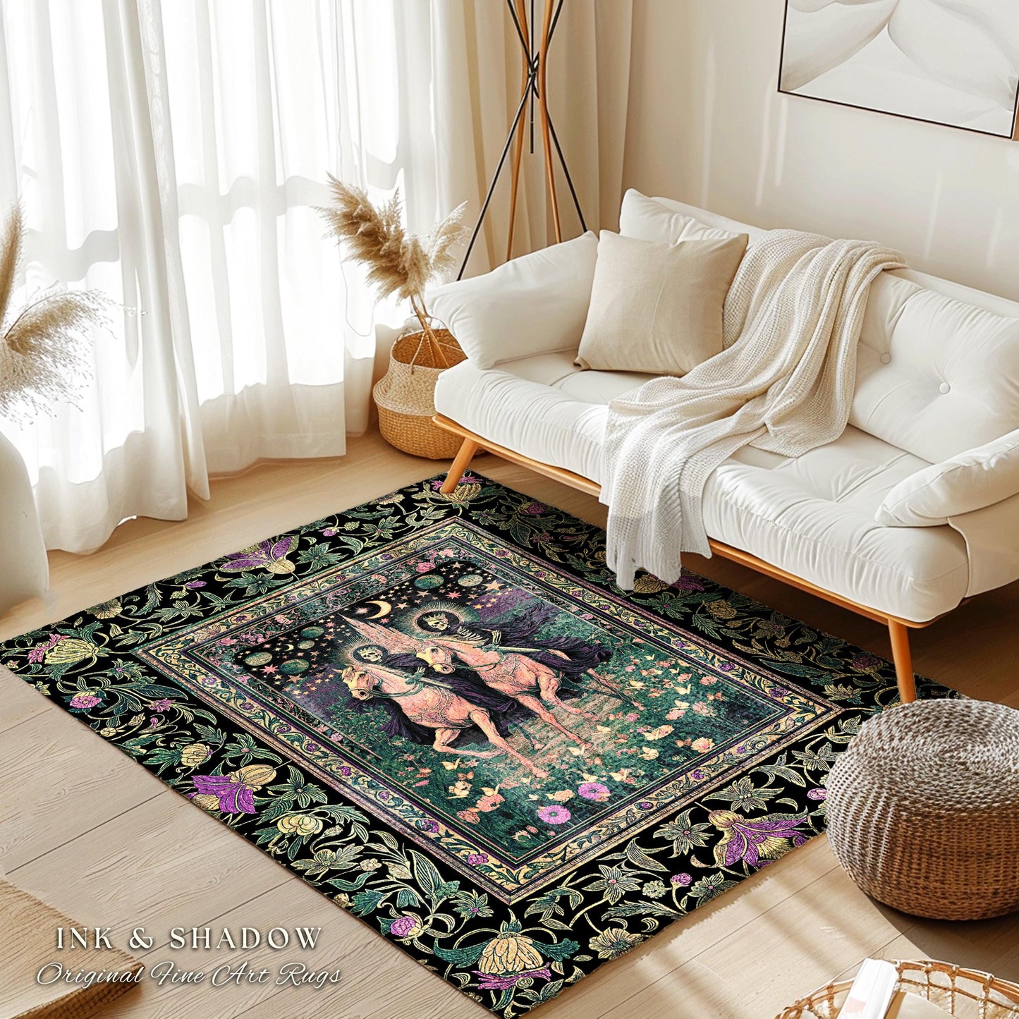 Floral Haunted Garden Skeleton Area Rug | Macabre Baroque Fantasy Aesthetic Gothic Horsemen Celestial Lovers Dark Fairytale Bedroom Accent |