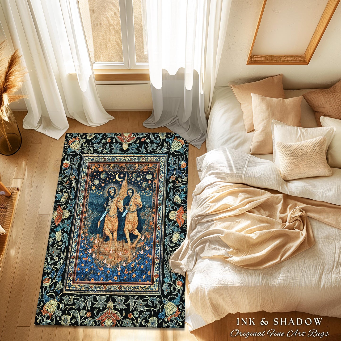 Dark Academia Skeleton Horsemen Rug | Baroque Bedroom Gothic Castle Macabre Floral Fantasy Aesthetic Celestial Moonlit Bedroom Accent Dreamy