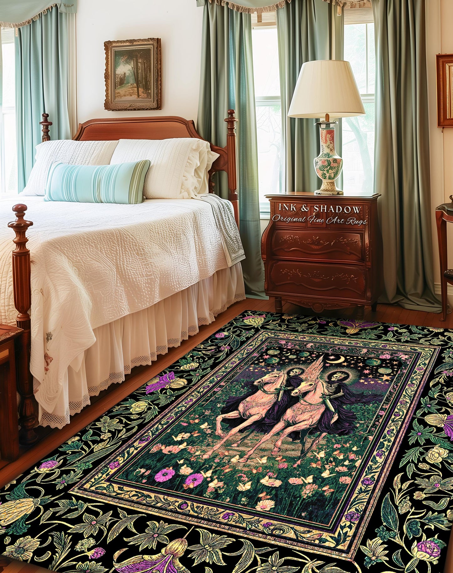 Floral Haunted Garden Skeleton Area Rug | Macabre Baroque Fantasy Aesthetic Gothic Horsemen Celestial Lovers Dark Fairytale Bedroom Accent |