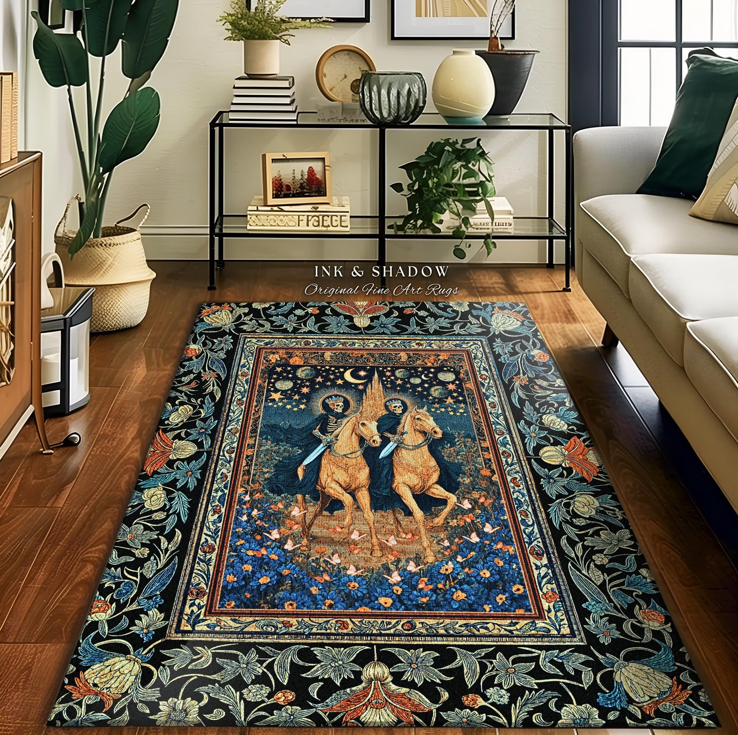 Dark Academia Skeleton Horsemen Rug | Baroque Bedroom Gothic Castle Macabre Floral Fantasy Aesthetic Celestial Moonlit Bedroom Accent Dreamy