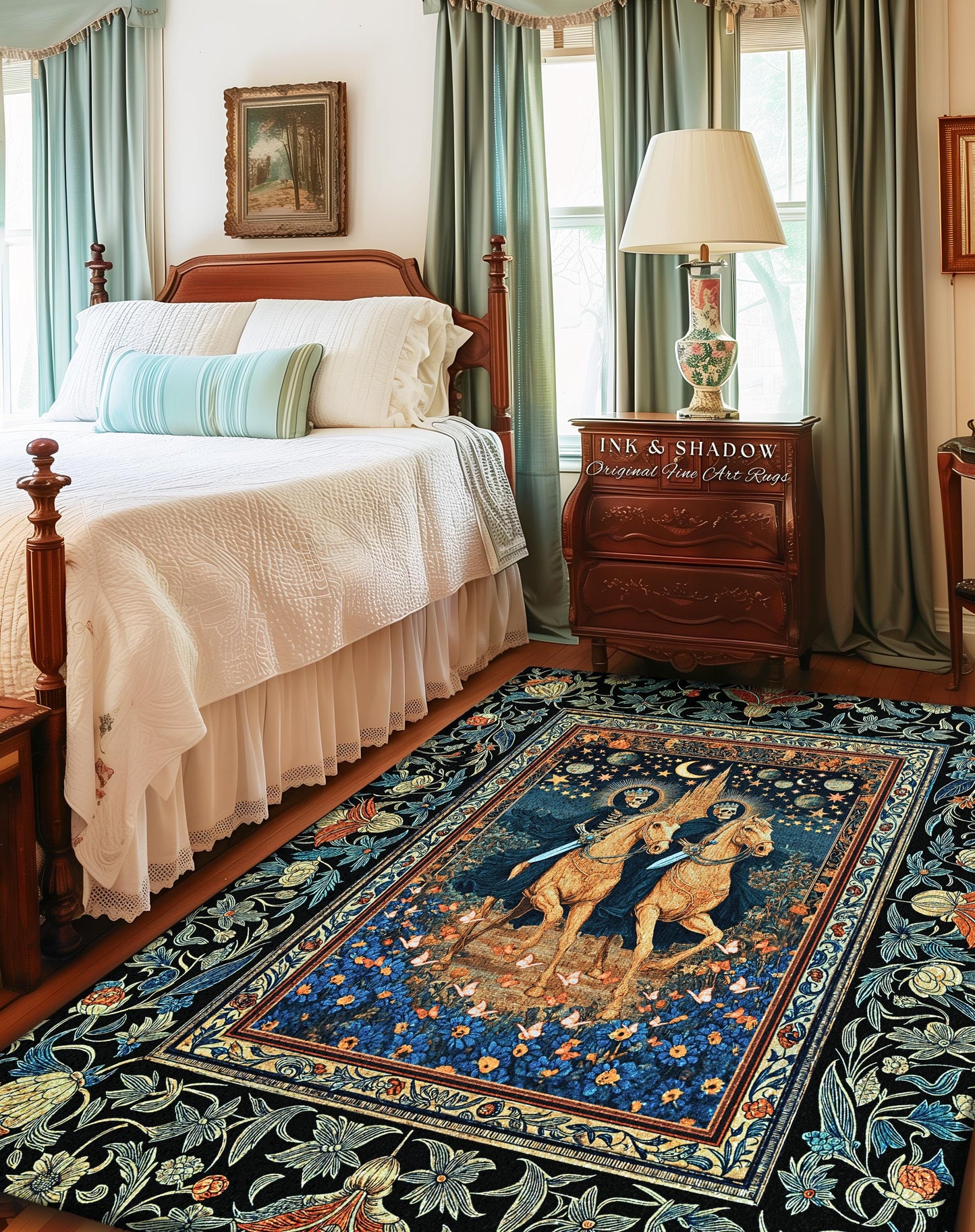 Dark Academia Skeleton Horsemen Rug | Baroque Bedroom Gothic Castle Macabre Floral Fantasy Aesthetic Celestial Moonlit Bedroom Accent Dreamy