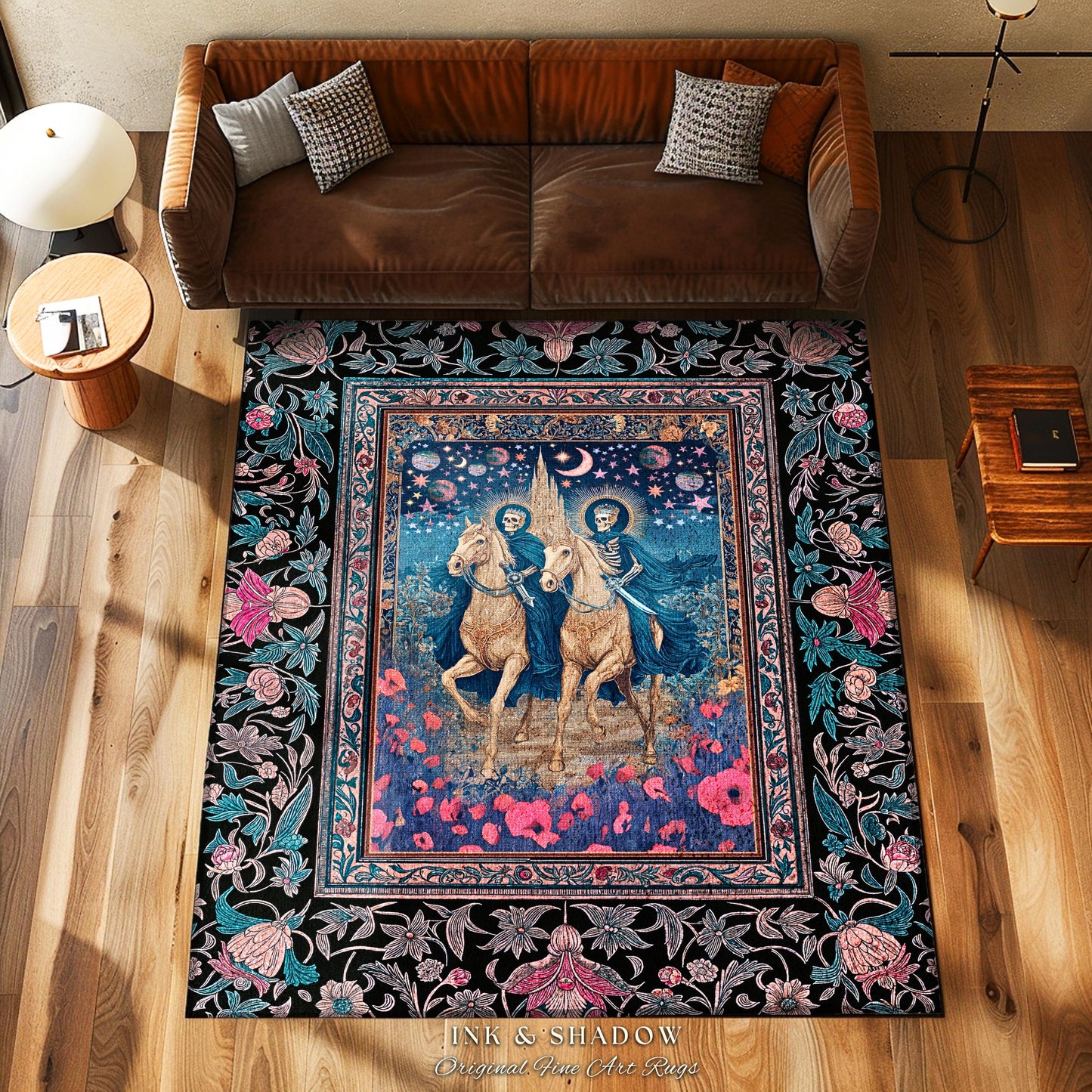 Poppy Field Skeleton Couple Area Rug | Floral Baroque Castle Aesthetic Celestial Horsemen Gothic Lovers Fantasy Bedroom Accent Mystic Decor