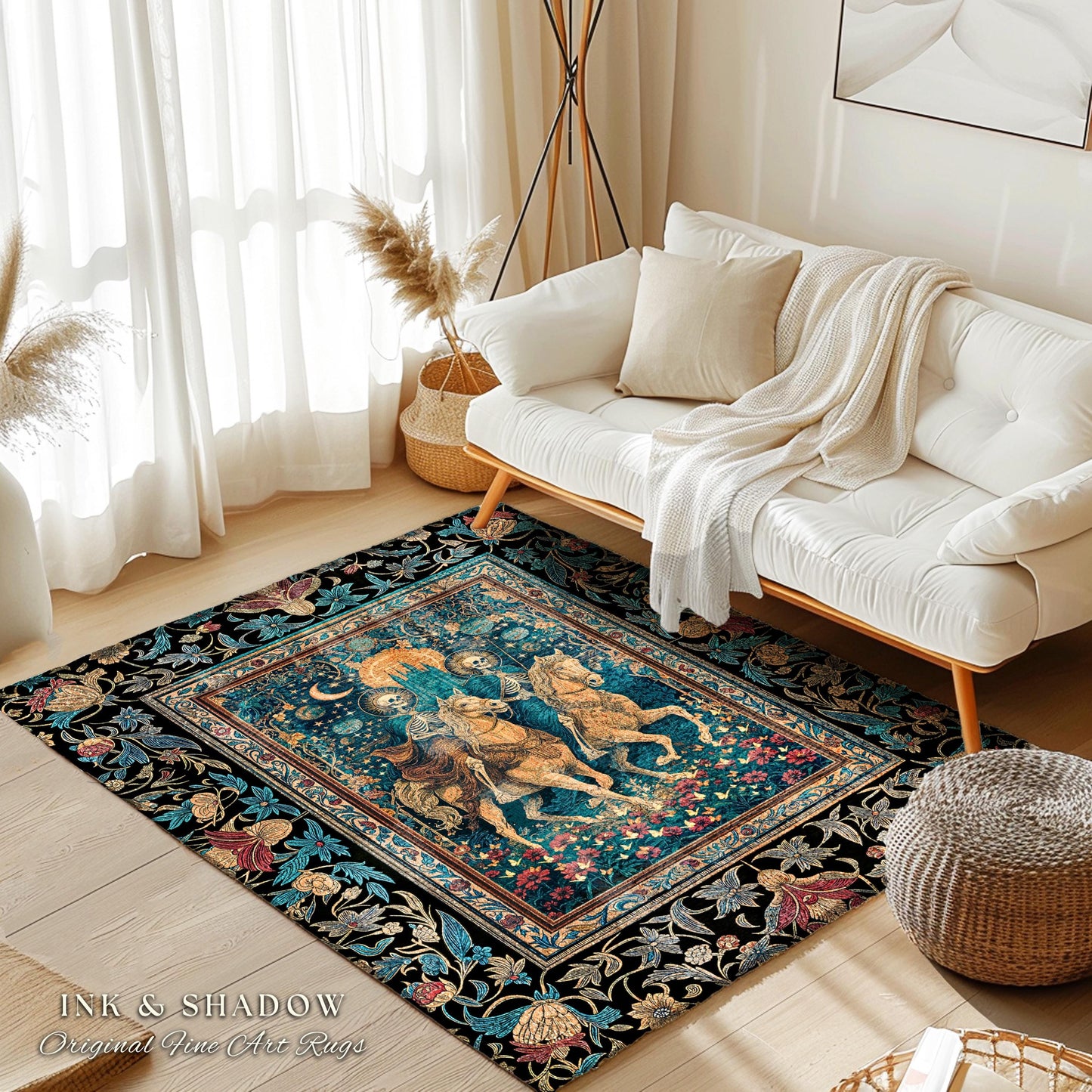 Golden Starlight Skeleton Accent Rug | Baroque Gothic Garden Castle Scene Celestial Horsemen Dreamy Floral Fantasy Macabre Couple Home Decor
