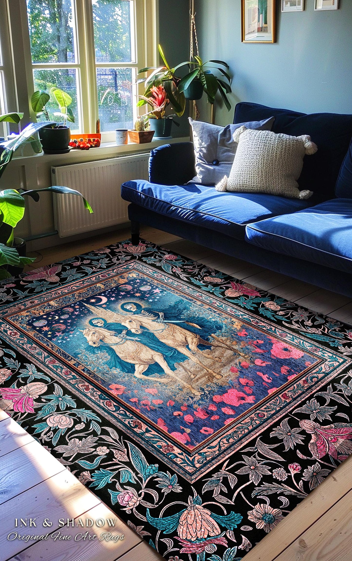 Poppy Field Skeleton Couple Area Rug | Floral Baroque Castle Aesthetic Celestial Horsemen Gothic Lovers Fantasy Bedroom Accent Mystic Decor