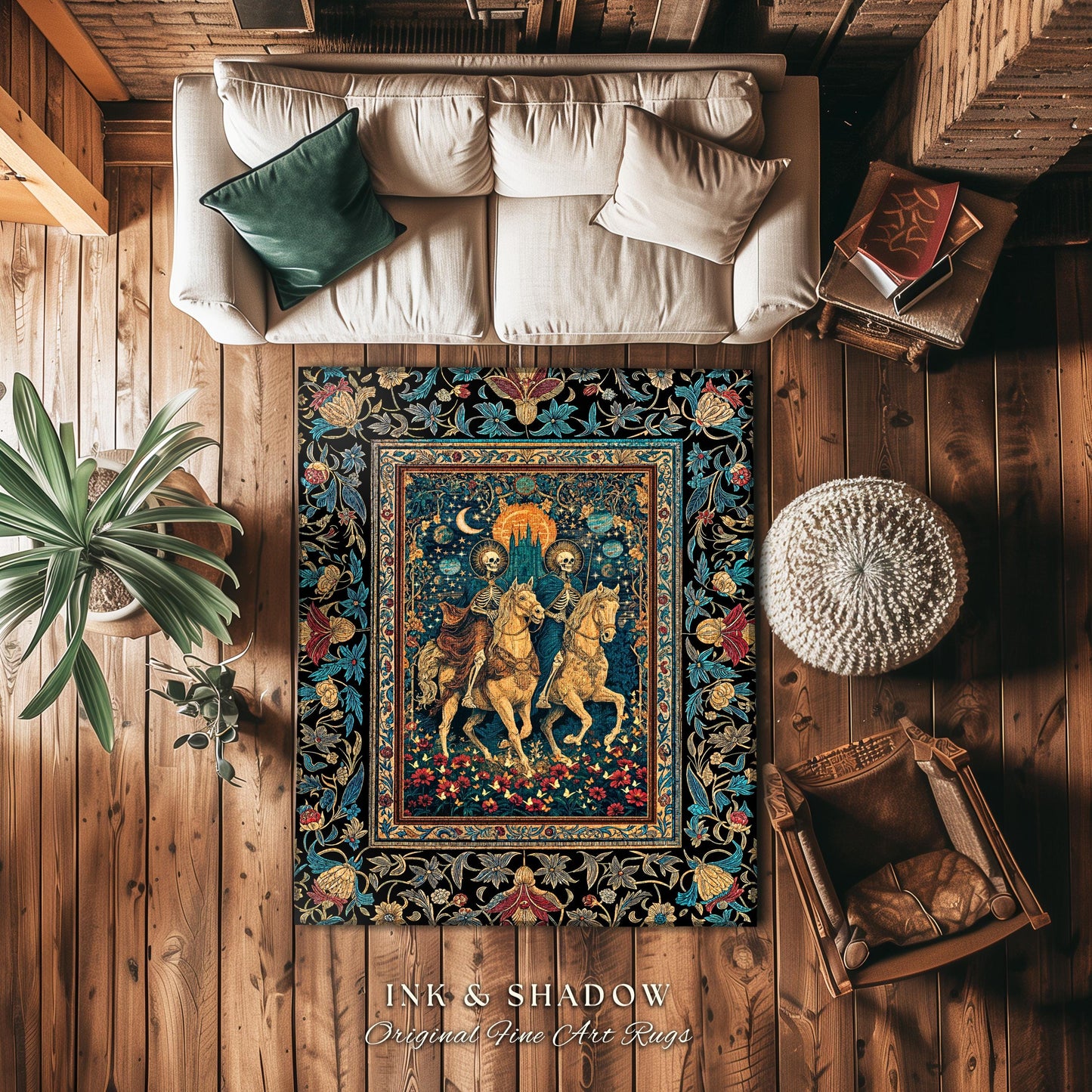 Golden Starlight Skeleton Accent Rug | Baroque Gothic Garden Castle Scene Celestial Horsemen Dreamy Floral Fantasy Macabre Couple Home Decor