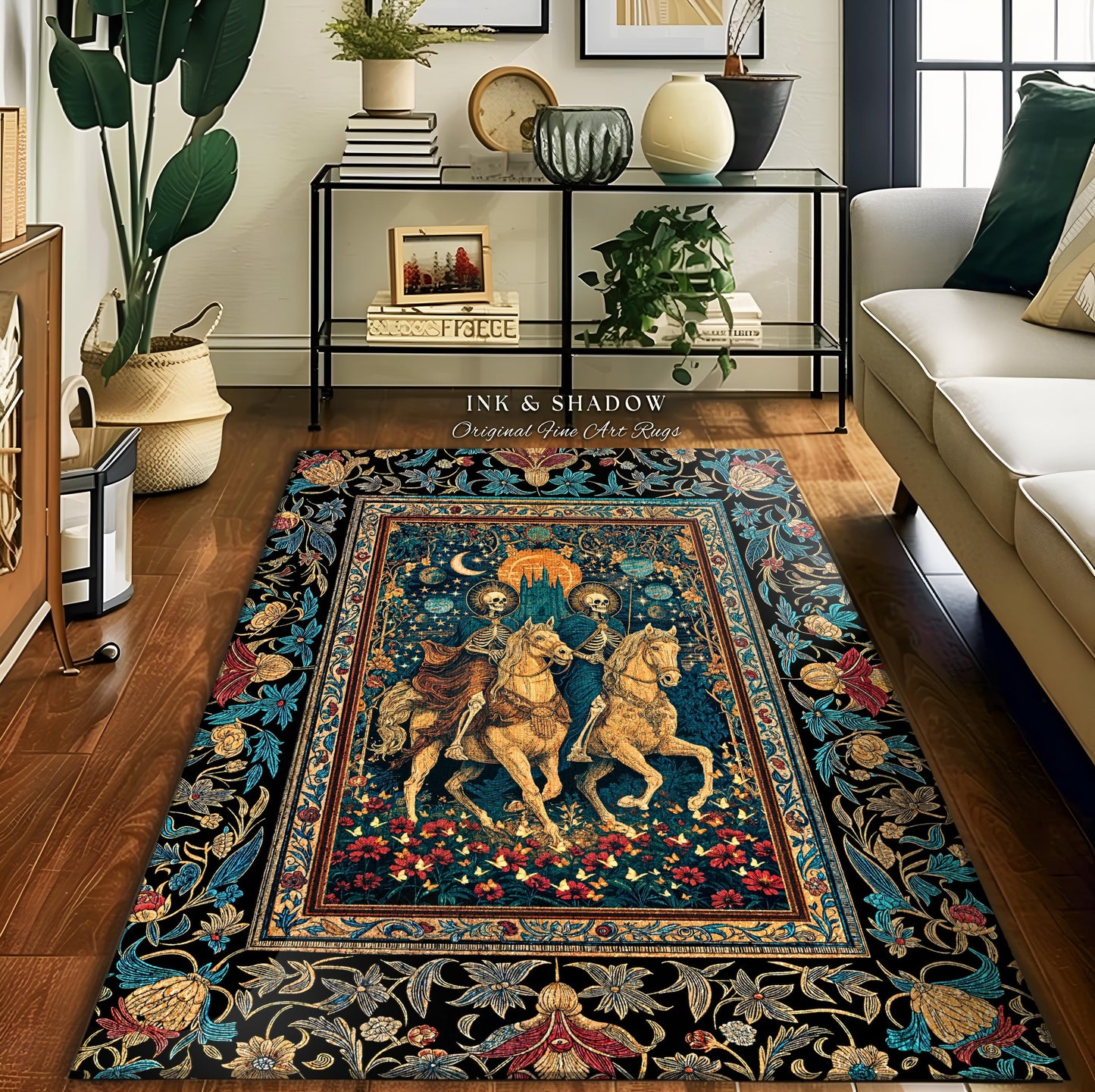 Golden Starlight Skeleton Accent Rug | Baroque Gothic Garden Castle Scene Celestial Horsemen Dreamy Floral Fantasy Macabre Couple Home Decor