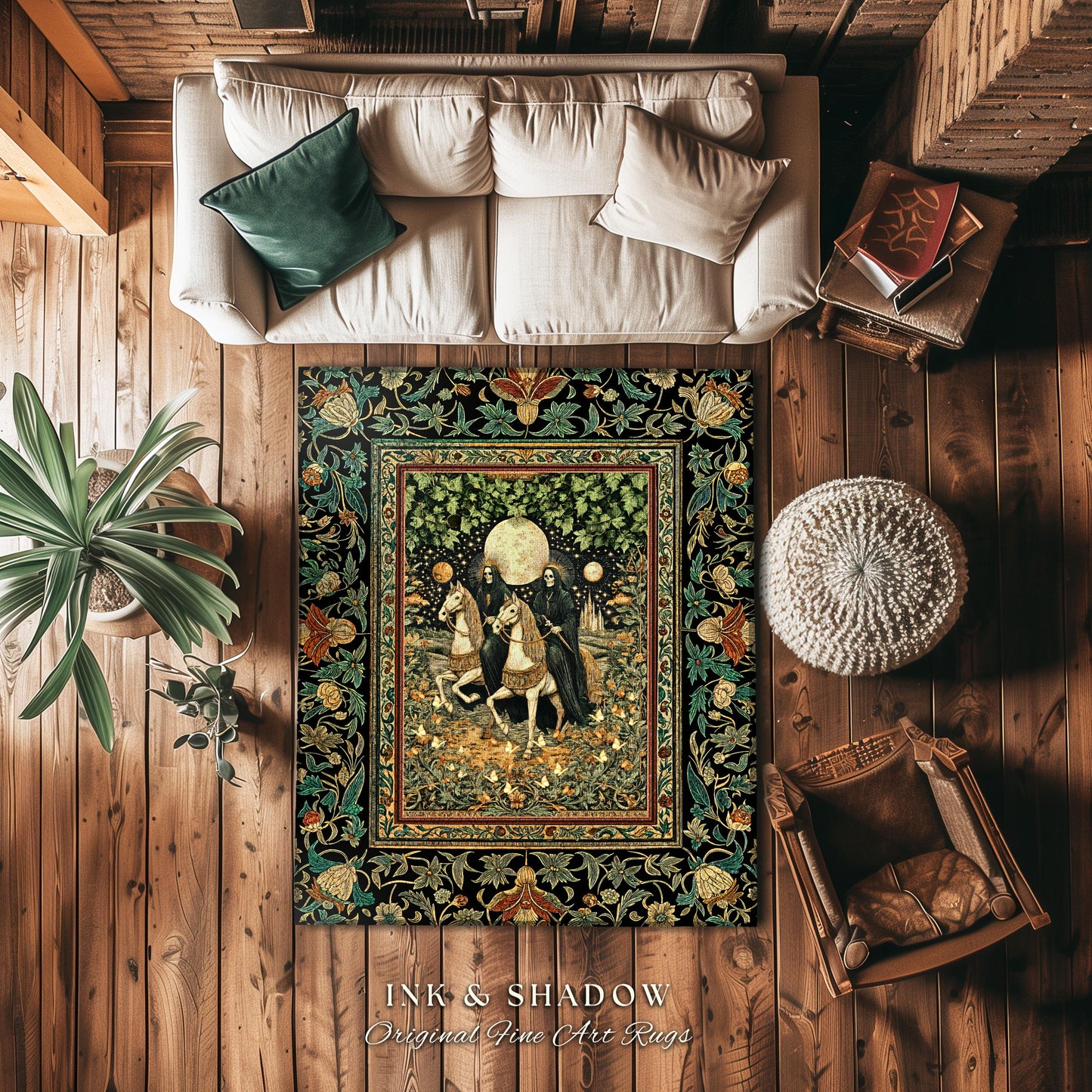 Haunted Ivy Gothic Skeleton Rug | Moonlit Horsemen Baroque Dark Academia Fantasy Aesthetic Celestial Lovers Macabre Dark Fairytale Decor |