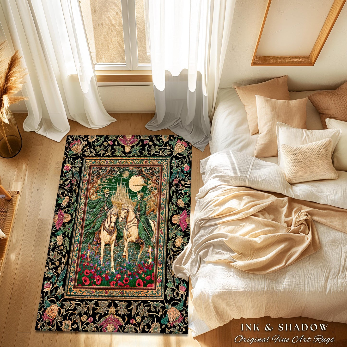 Skeleton King & Queen Floral Forest Rug | Royal Lovers Gothic Couple Baroque Fantasy Garden Macabre Accent Bedroom Decor Castlecore Design |