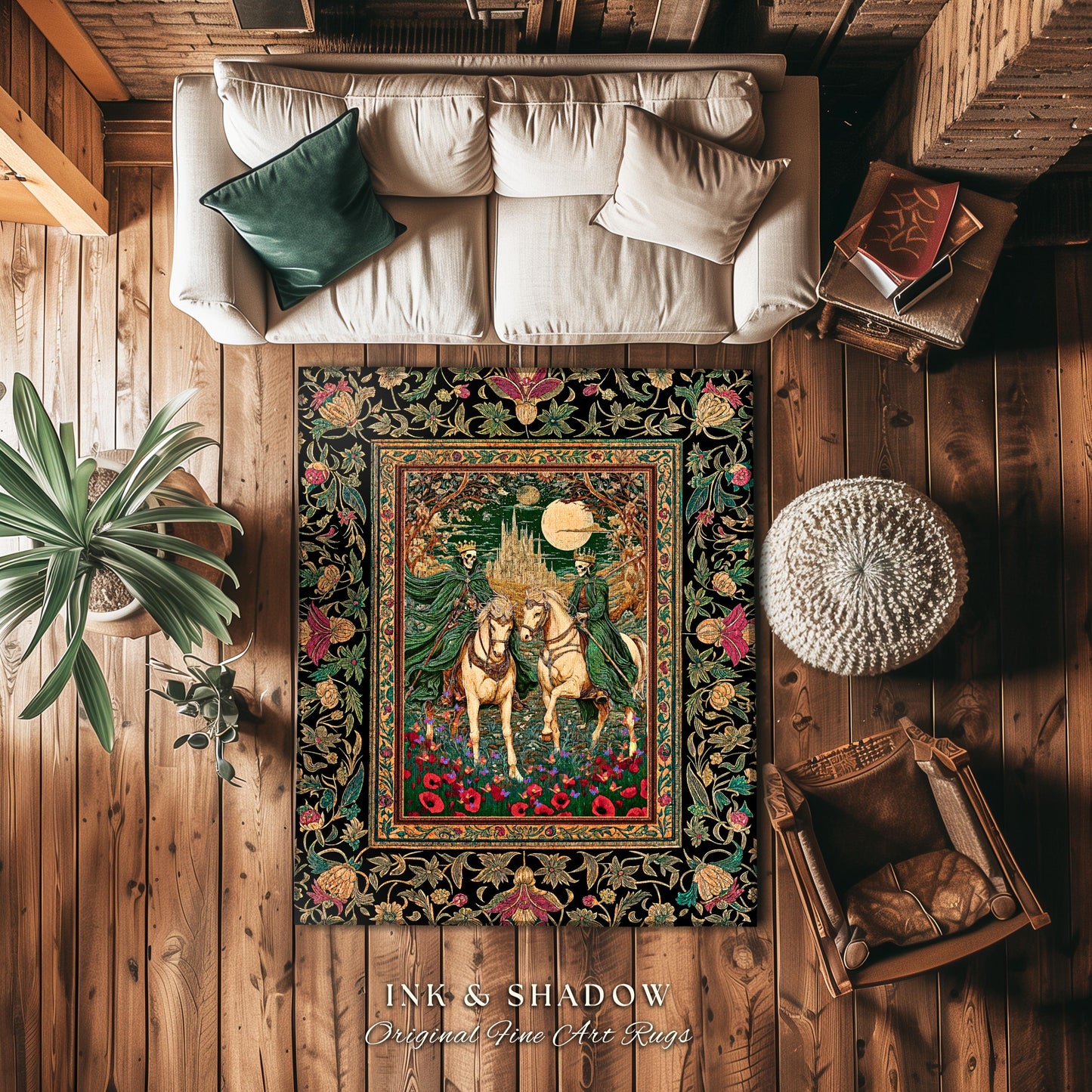 Skeleton King & Queen Floral Forest Rug | Royal Lovers Gothic Couple Baroque Fantasy Garden Macabre Accent Bedroom Decor Castlecore Design |