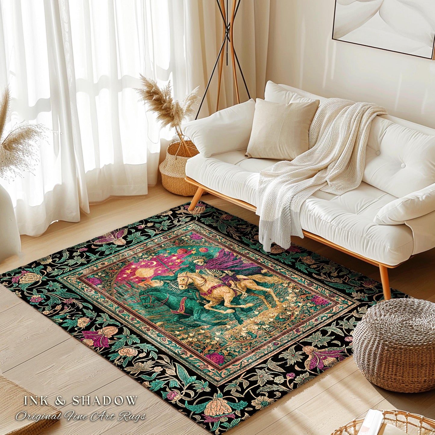 Magic Whimsical Skeleton Horsemen Rug | Gothic Celestial Landscape Castlecore Royal Couple Fantasy Baroque Bedroom Accent Rug Macabre Dreamy