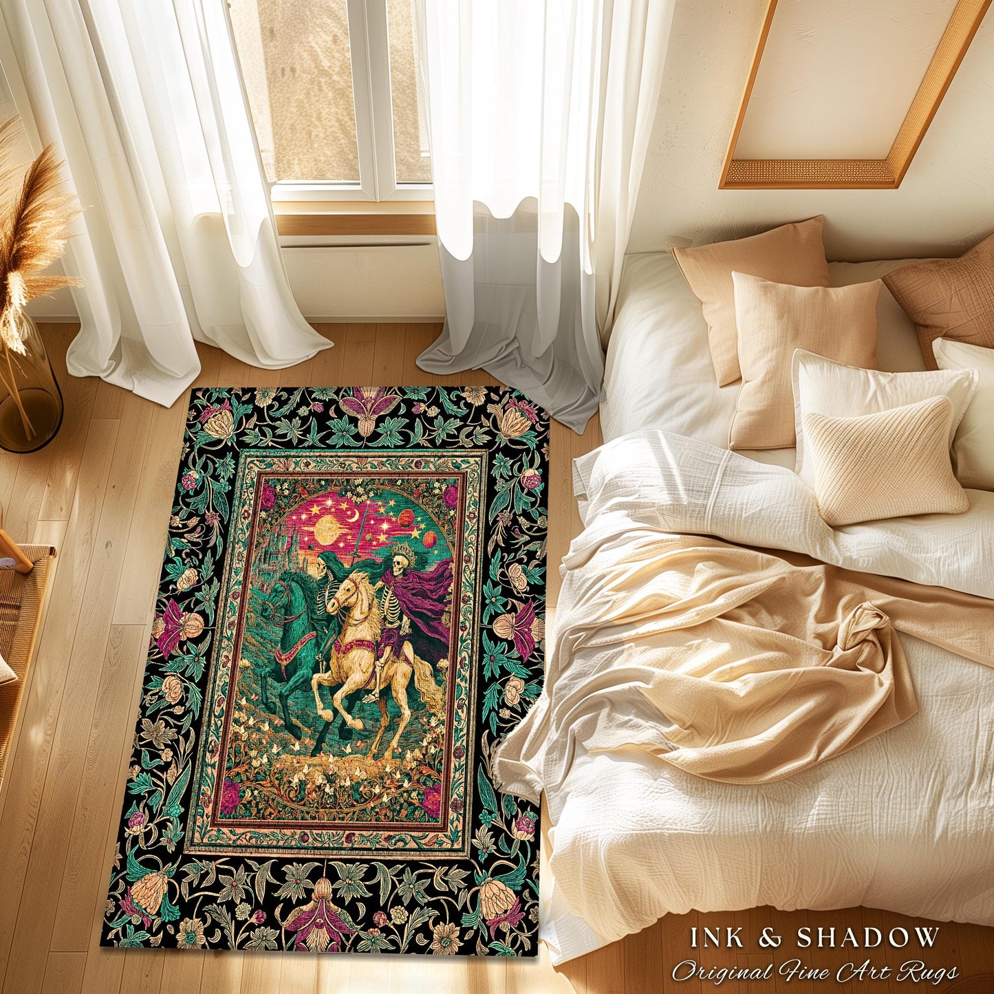Magic Whimsical Skeleton Horsemen Rug | Gothic Celestial Landscape Castlecore Royal Couple Fantasy Baroque Bedroom Accent Rug Macabre Dreamy