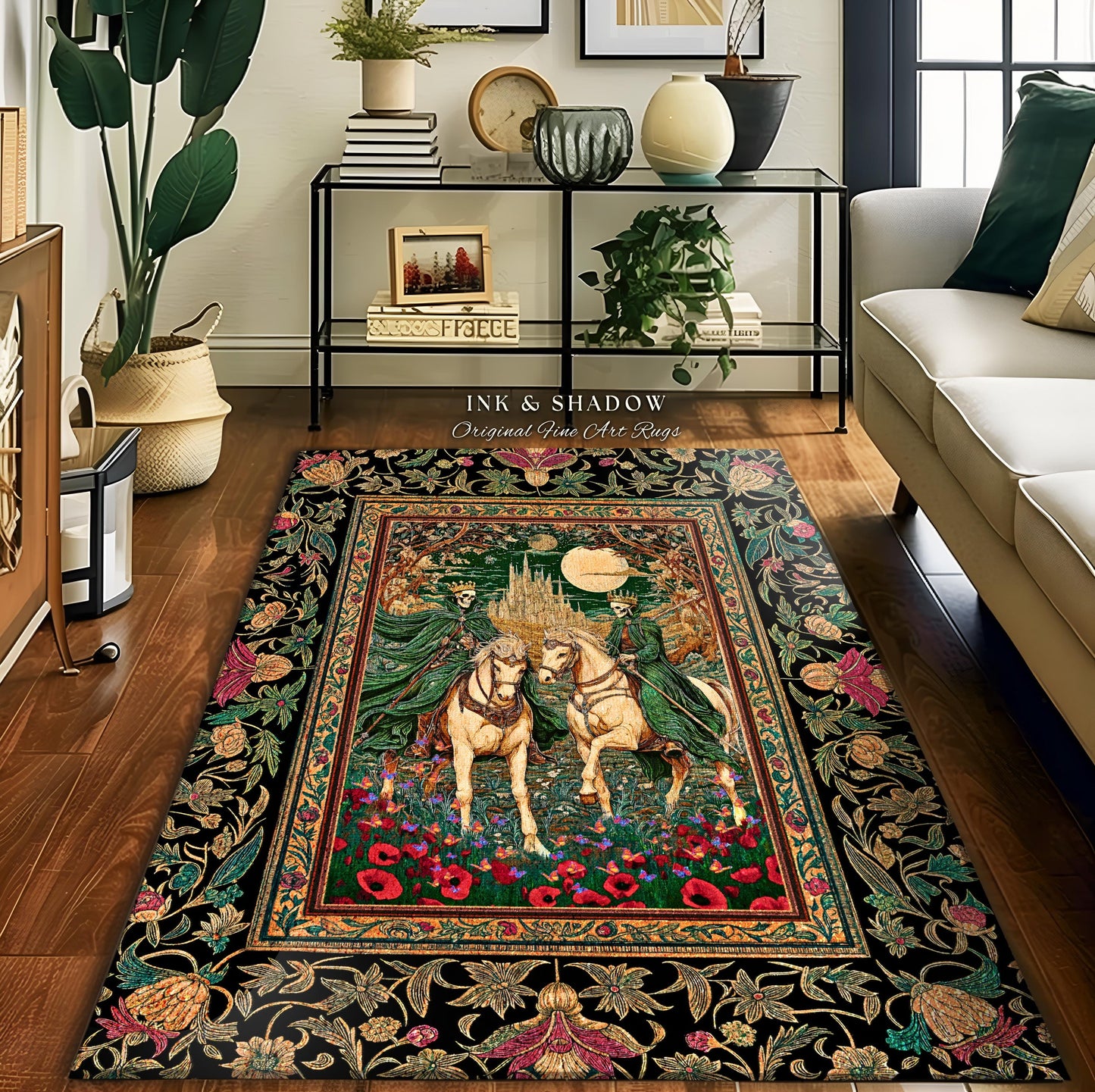 Skeleton King & Queen Floral Forest Rug | Royal Lovers Gothic Couple Baroque Fantasy Garden Macabre Accent Bedroom Decor Castlecore Design |