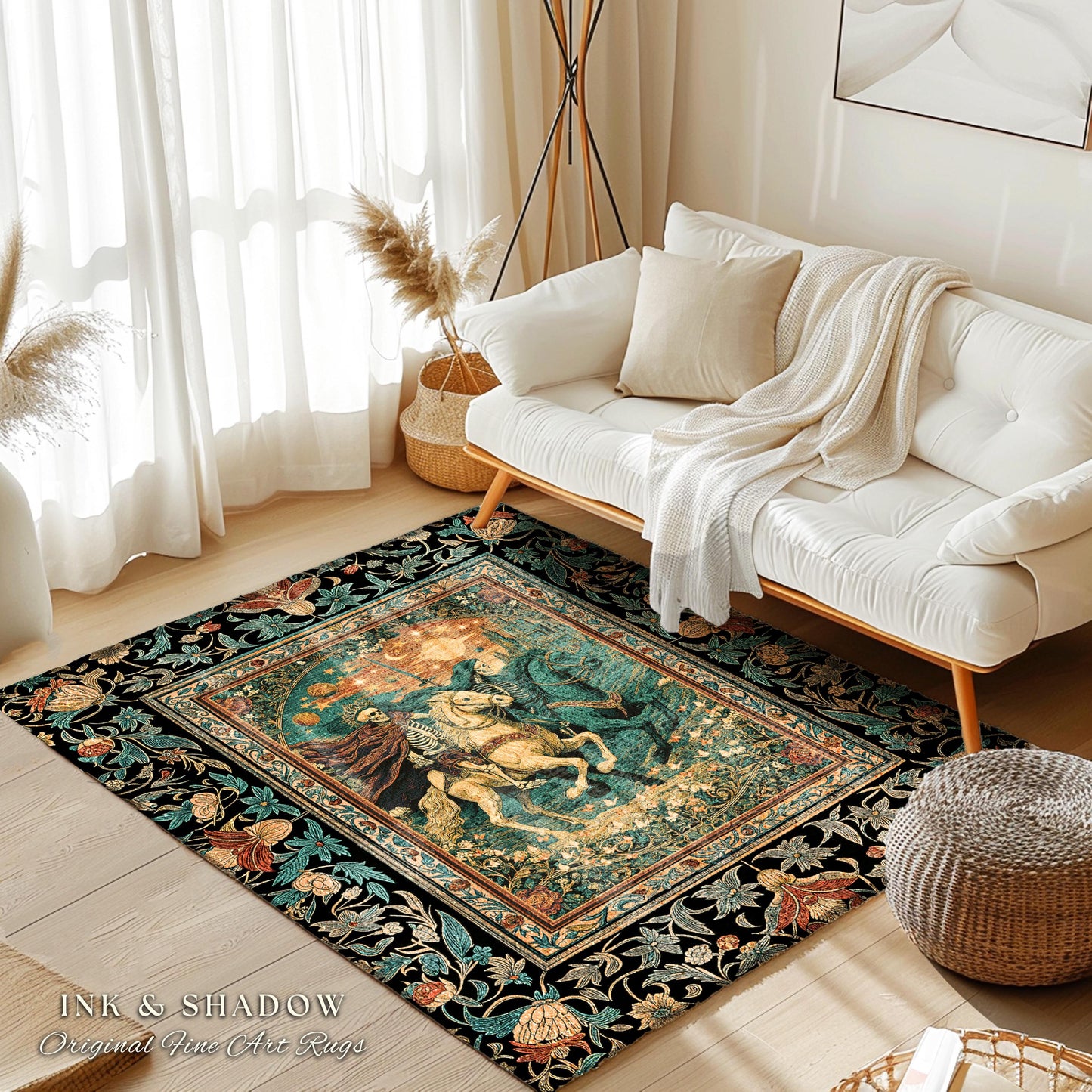 Fantasy Aesthetic Skeleton Riders Rug | Haunted Horsemen Royal Celestial Golden Maximalist Baroque Macabre Bedroom Accent Whimsigothic Dorm