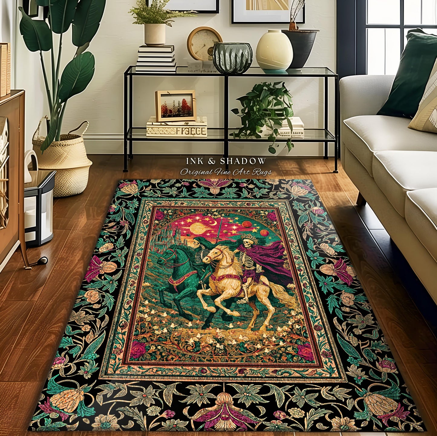 Magic Whimsical Skeleton Horsemen Rug | Gothic Celestial Landscape Castlecore Royal Couple Fantasy Baroque Bedroom Accent Rug Macabre Dreamy