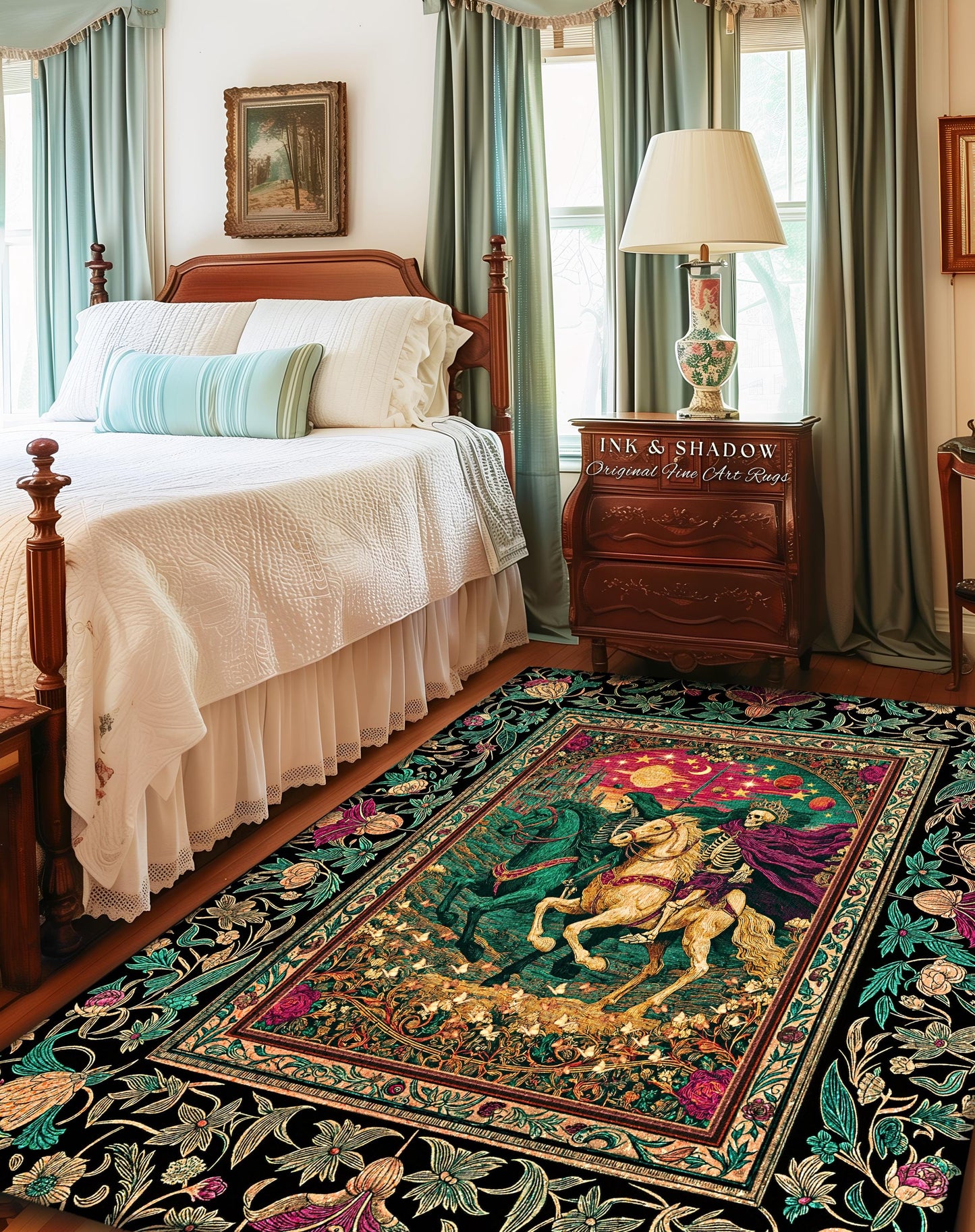 Magic Whimsical Skeleton Horsemen Rug | Gothic Celestial Landscape Castlecore Royal Couple Fantasy Baroque Bedroom Accent Rug Macabre Dreamy