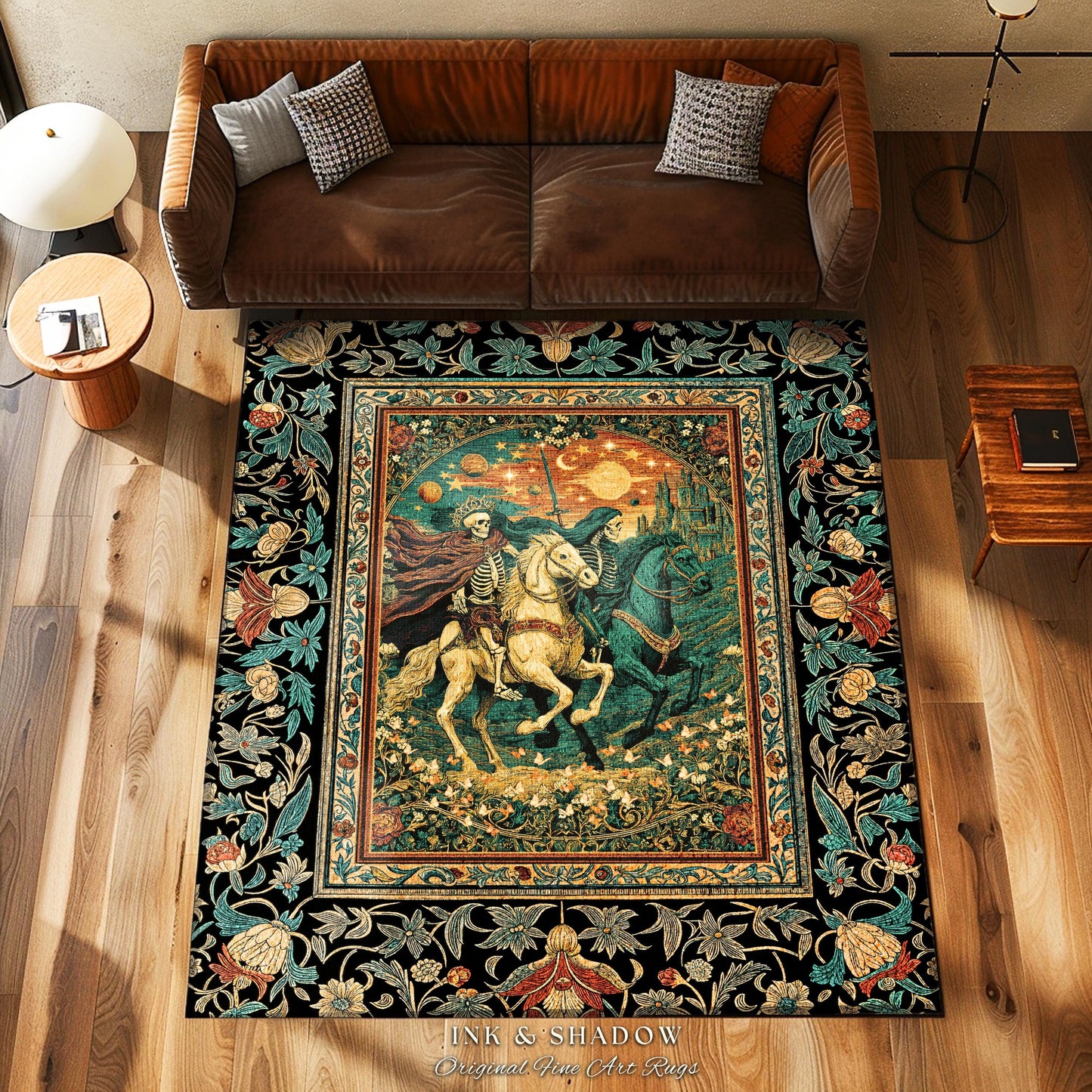 Fantasy Aesthetic Skeleton Riders Rug | Haunted Horsemen Royal Celestial Golden Maximalist Baroque Macabre Bedroom Accent Whimsigothic Dorm