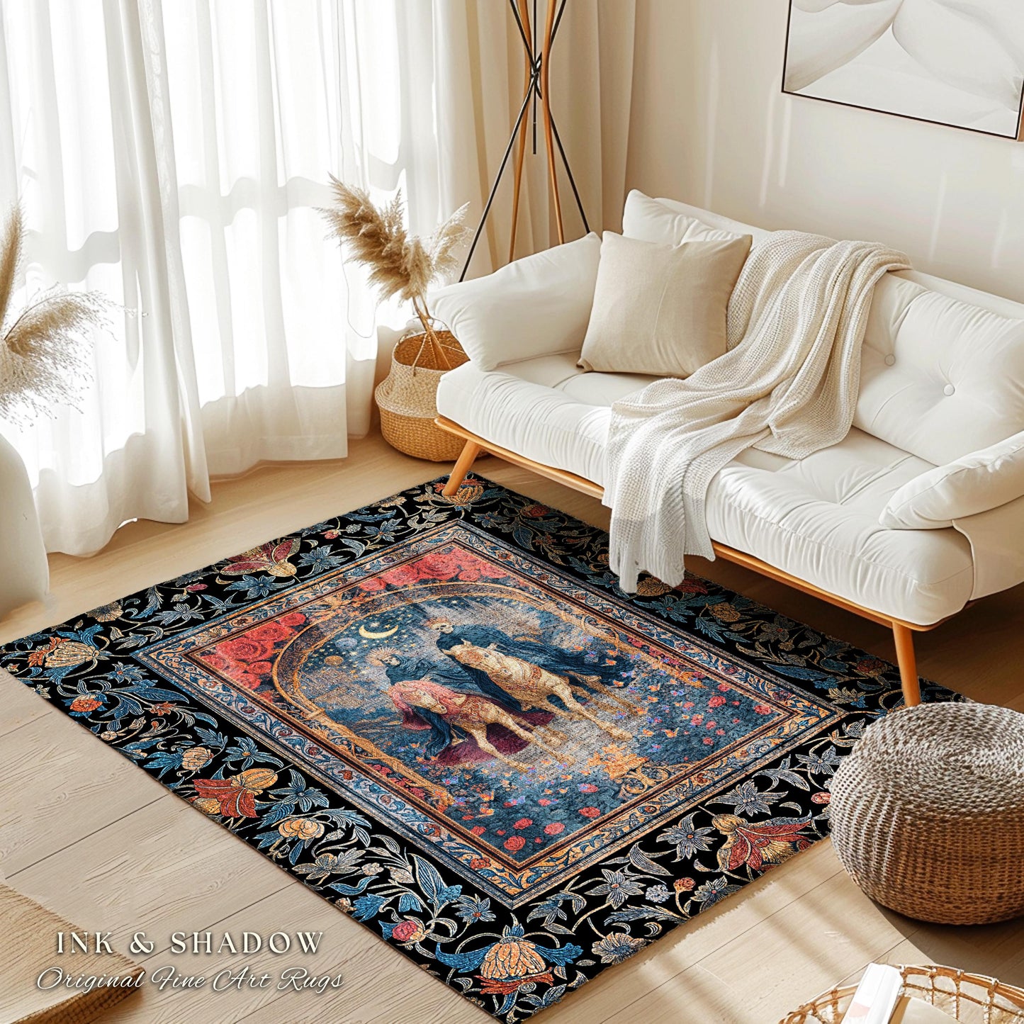 Rose Archway Horseback Skeletons Area Rug | Celestial Moonlit Gothic Romance Moonlight Baroque Floral Couple Regal Bedroom Accent Whimsical