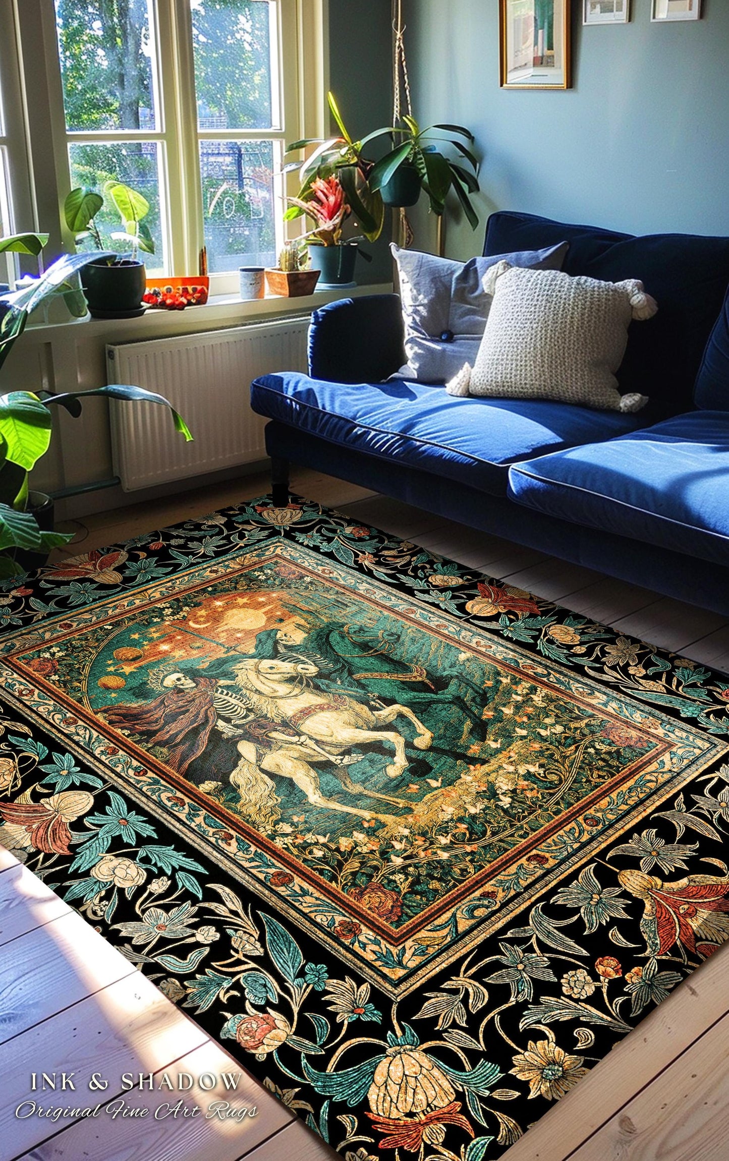 Fantasy Aesthetic Skeleton Riders Rug | Haunted Horsemen Royal Celestial Golden Maximalist Baroque Macabre Bedroom Accent Whimsigothic Dorm