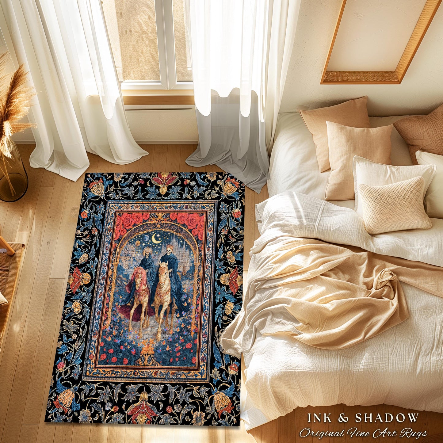 Rose Archway Horseback Skeletons Area Rug | Celestial Moonlit Gothic Romance Moonlight Baroque Floral Couple Regal Bedroom Accent Whimsical