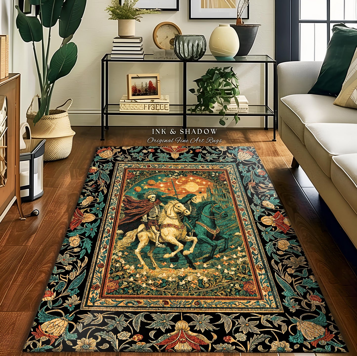 Fantasy Aesthetic Skeleton Riders Rug | Haunted Horsemen Royal Celestial Golden Maximalist Baroque Macabre Bedroom Accent Whimsigothic Dorm