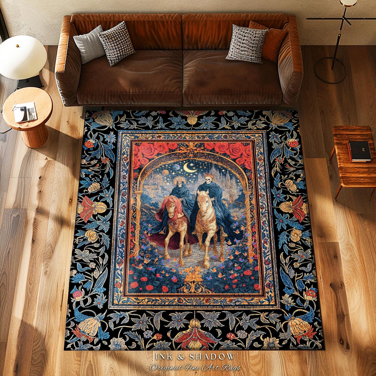 Rose Archway Horseback Skeletons Area Rug | Celestial Moonlit Gothic Romance Moonlight Baroque Floral Couple Regal Bedroom Accent Whimsical