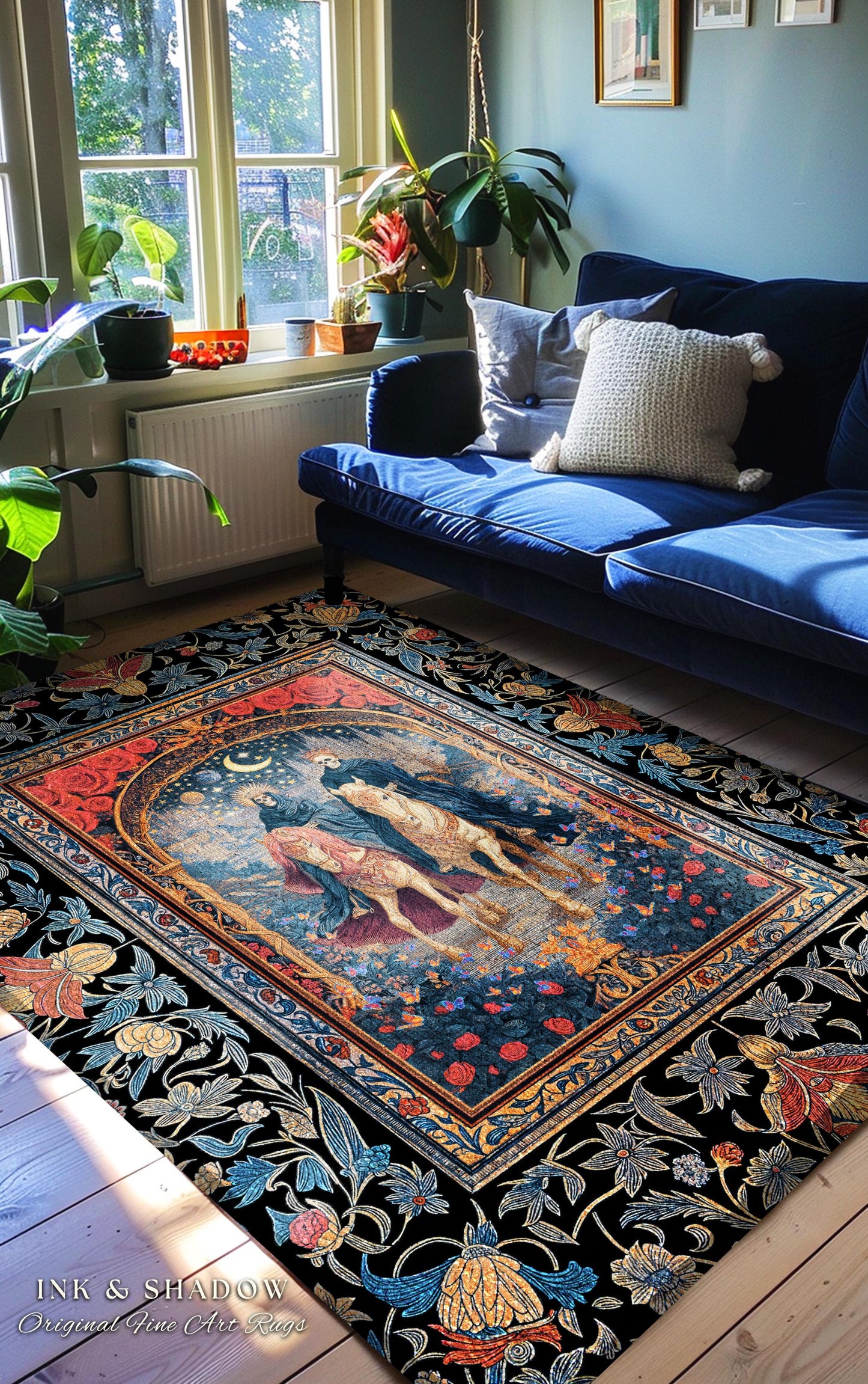 Rose Archway Horseback Skeletons Area Rug | Celestial Moonlit Gothic Romance Moonlight Baroque Floral Couple Regal Bedroom Accent Whimsical
