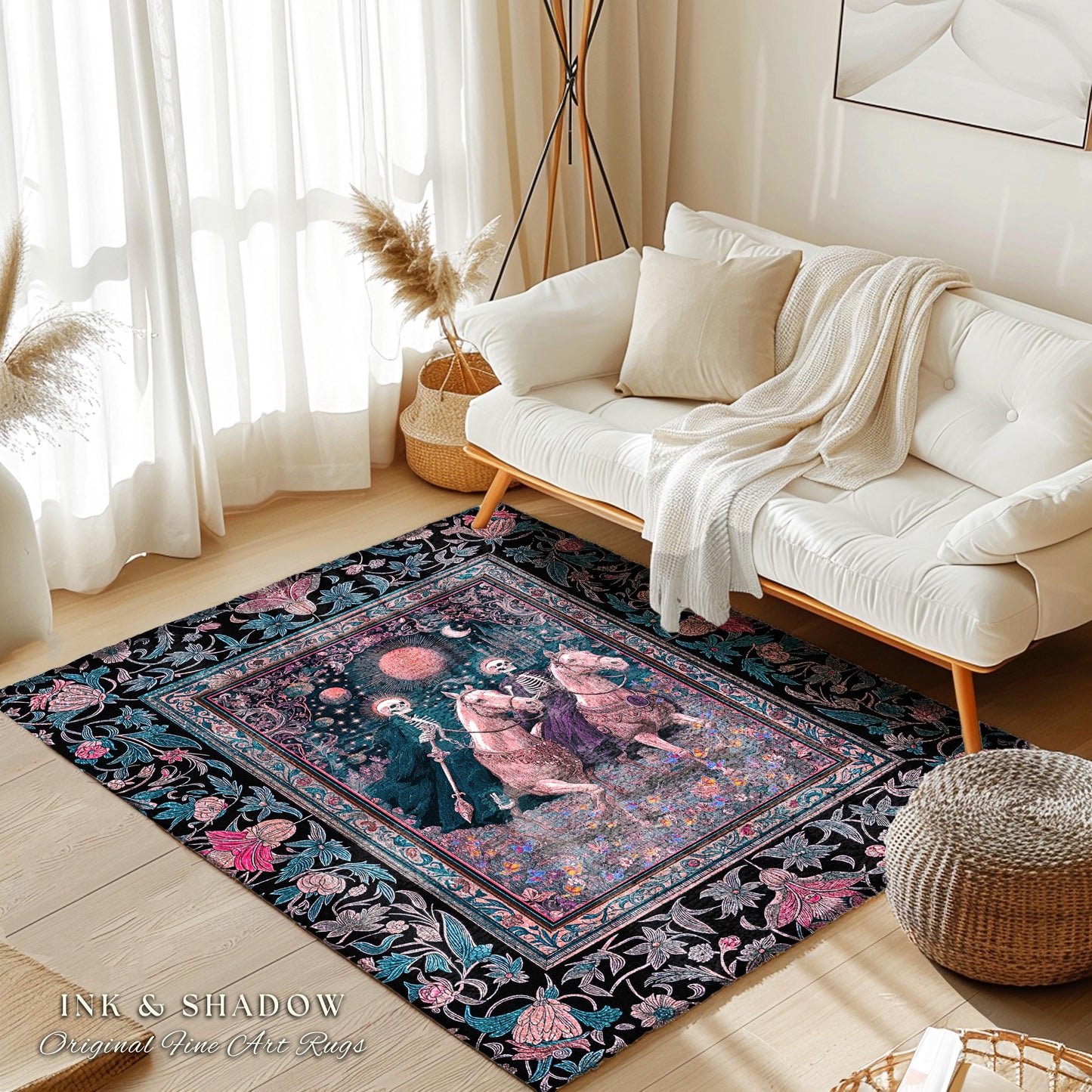 Dreamy Gothic Pastel Skeleton Rug | Celestial Horseman Baroque Fairytale Fantasy Whimsical Macabre Floral Bedroom Accent Mystic Home Decor |